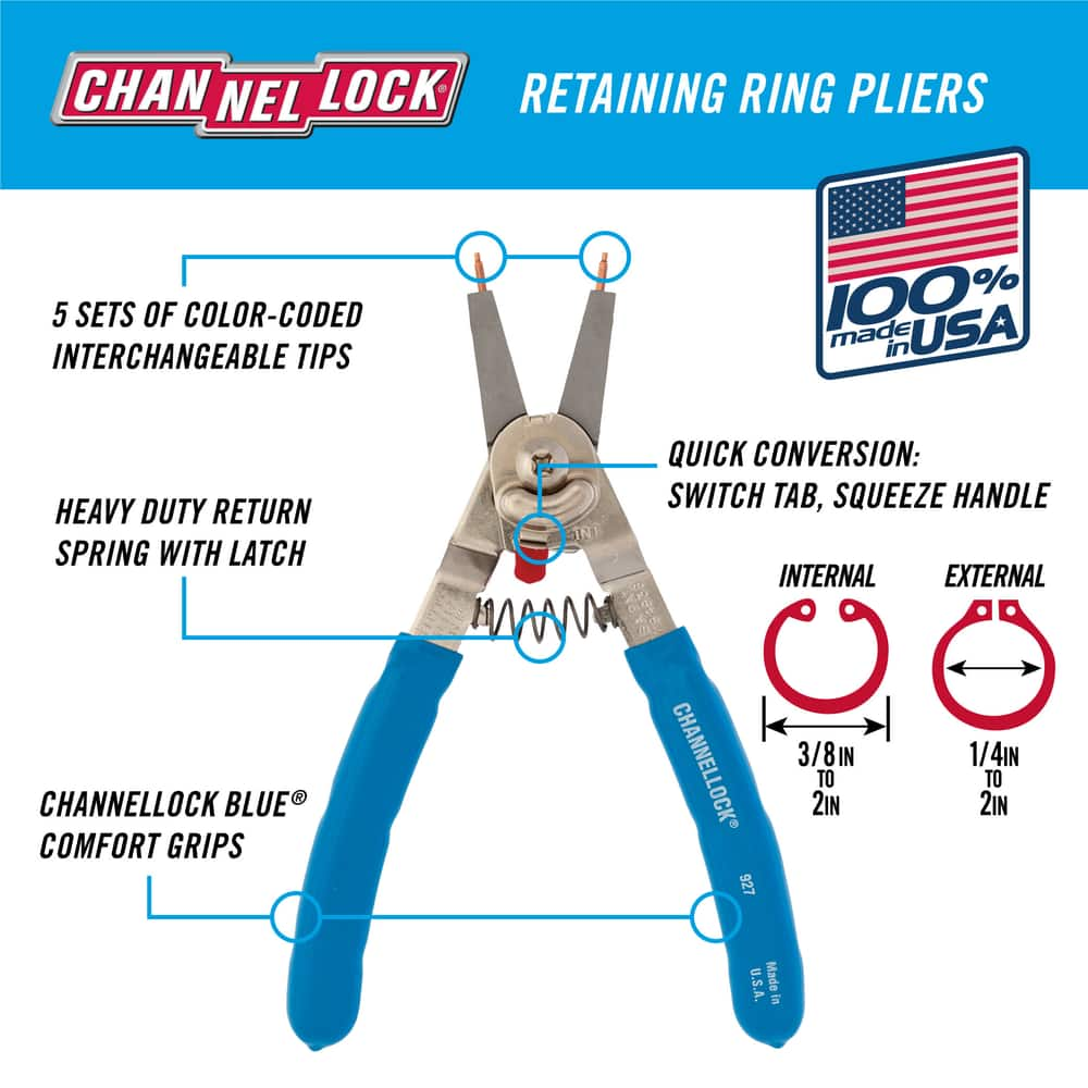 Channellock® 927 Convertible Retaining/Snap Ring Pliers, 5 Colour Coded