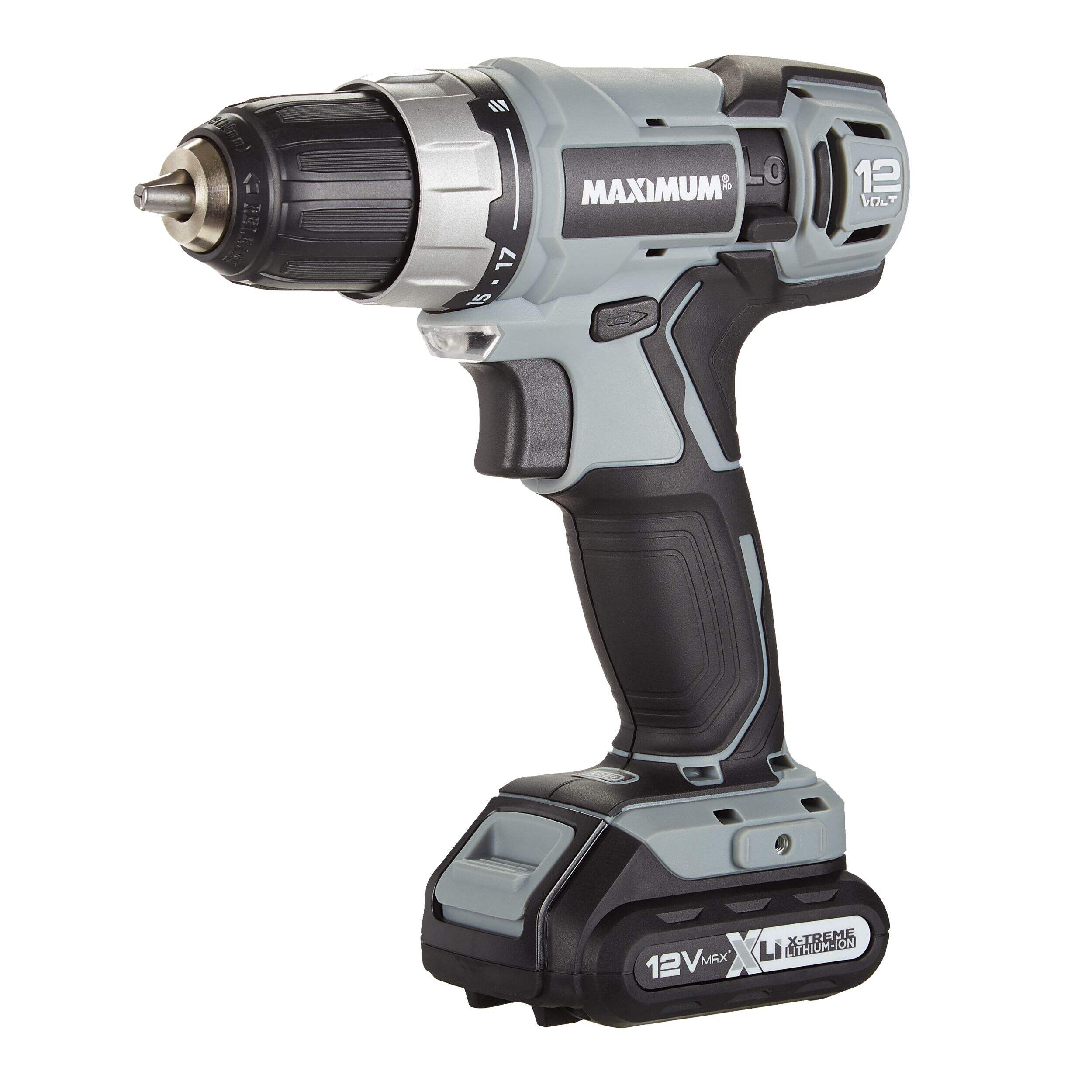 MAXIMUM 12V Max Lithium-Ion Cordless Drill/Driver Kit with Batteries, Charger & Case, 3/8-in Front_Three_Fourths_Angled_Left