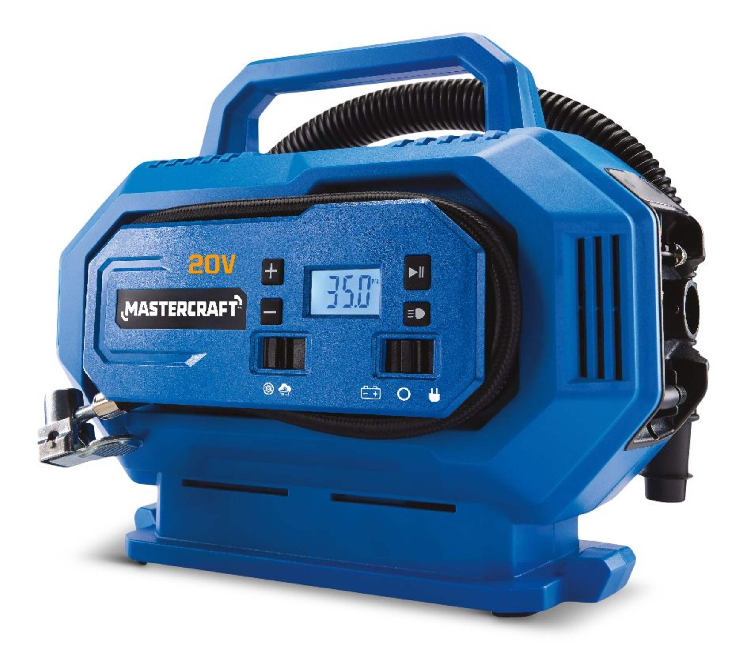 Mastercraft 20V Max Lithium-Ion Cordless Dual Function Air Inflator with Gauge, Tool Only, PWR POD Compatible Front_Three_Fourths_Angled_Left