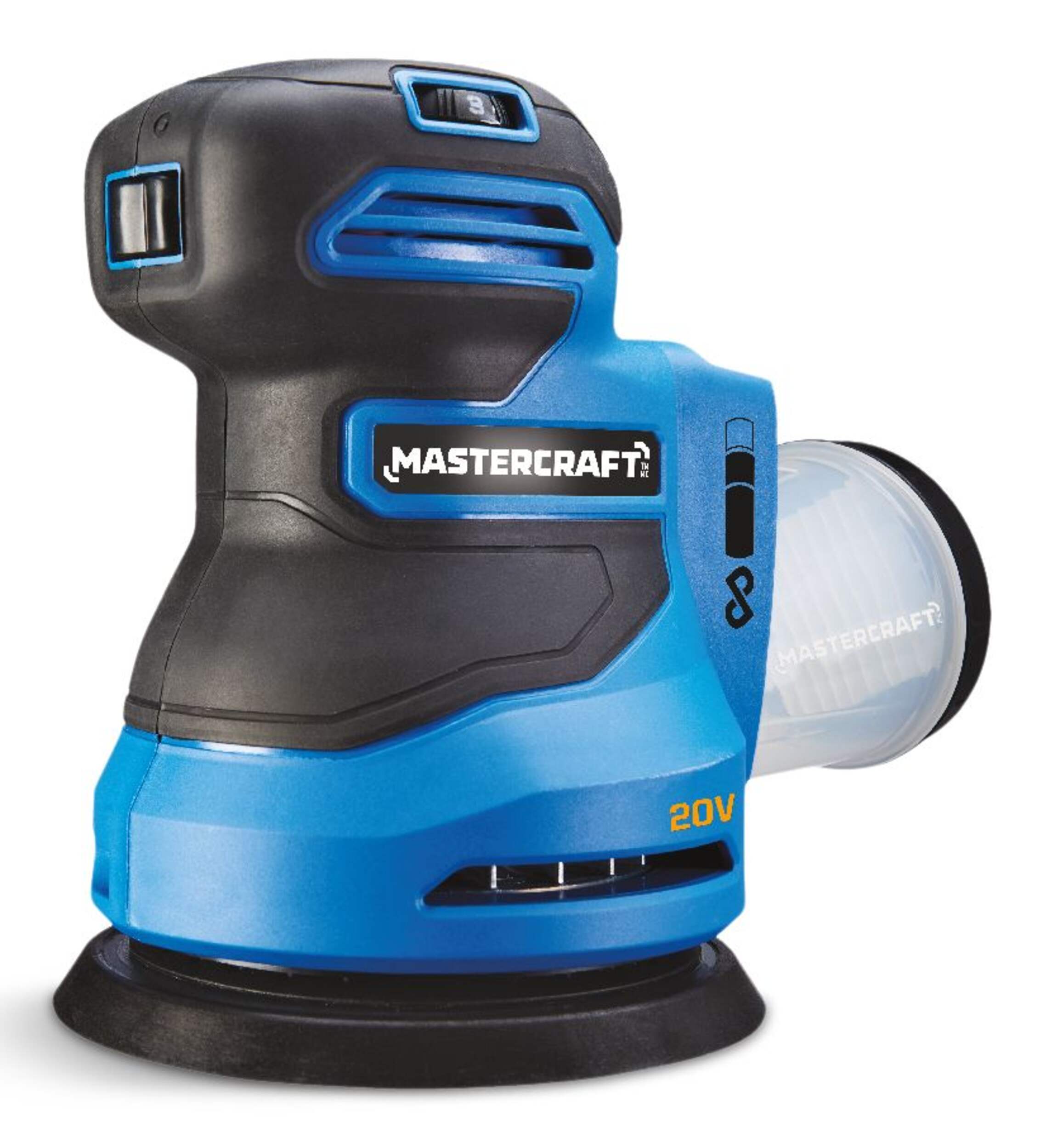 Mastercraft 20V Max Cordless Variable Speed Random Orbital Sander with 80-Grit Discs, 5-in, Tool Only, PWR POD Compatible Front_Three_Fourths_Angled_Left