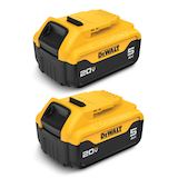 DEWALT DCB205-2 20V MAX Lithium-Ion 5.0Ah Battery Pack with LED Fuel Gauge, 2-pk Front_Three_Fourths_Angled_Left