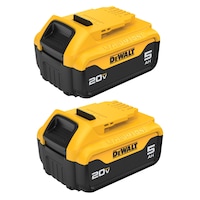 DEWALT DCB205-2 20V MAX Lithium-Ion 5.0Ah Battery Pack with LED Fuel Gauge, 2-pk Front_Three_Fourths_Angled_Left