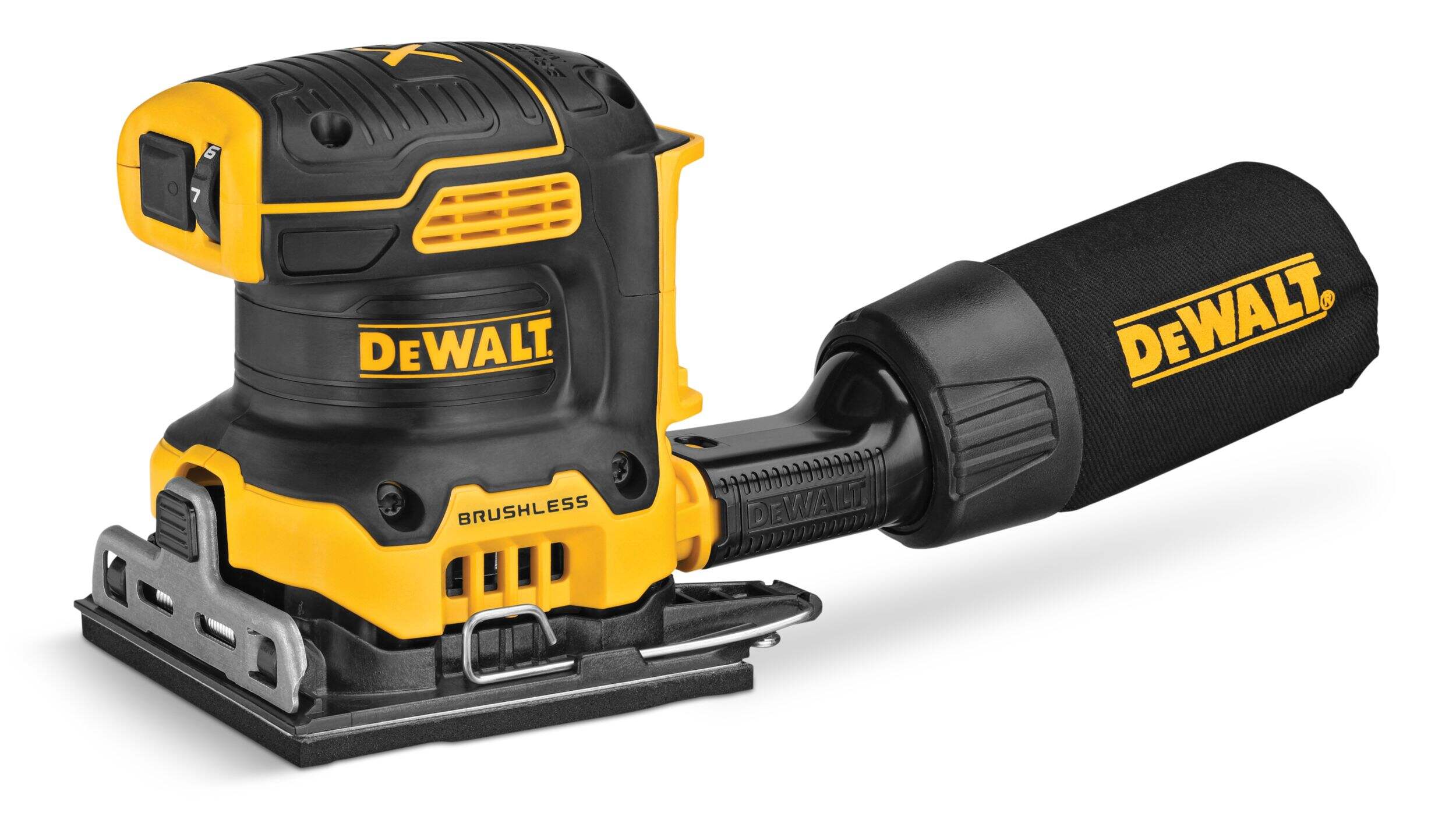 DEWALT DCW200B 20V MAX XR Brushless Cordless 1/4 Sheet Variable Speed Sander, Tool Only Front_Angled_Left