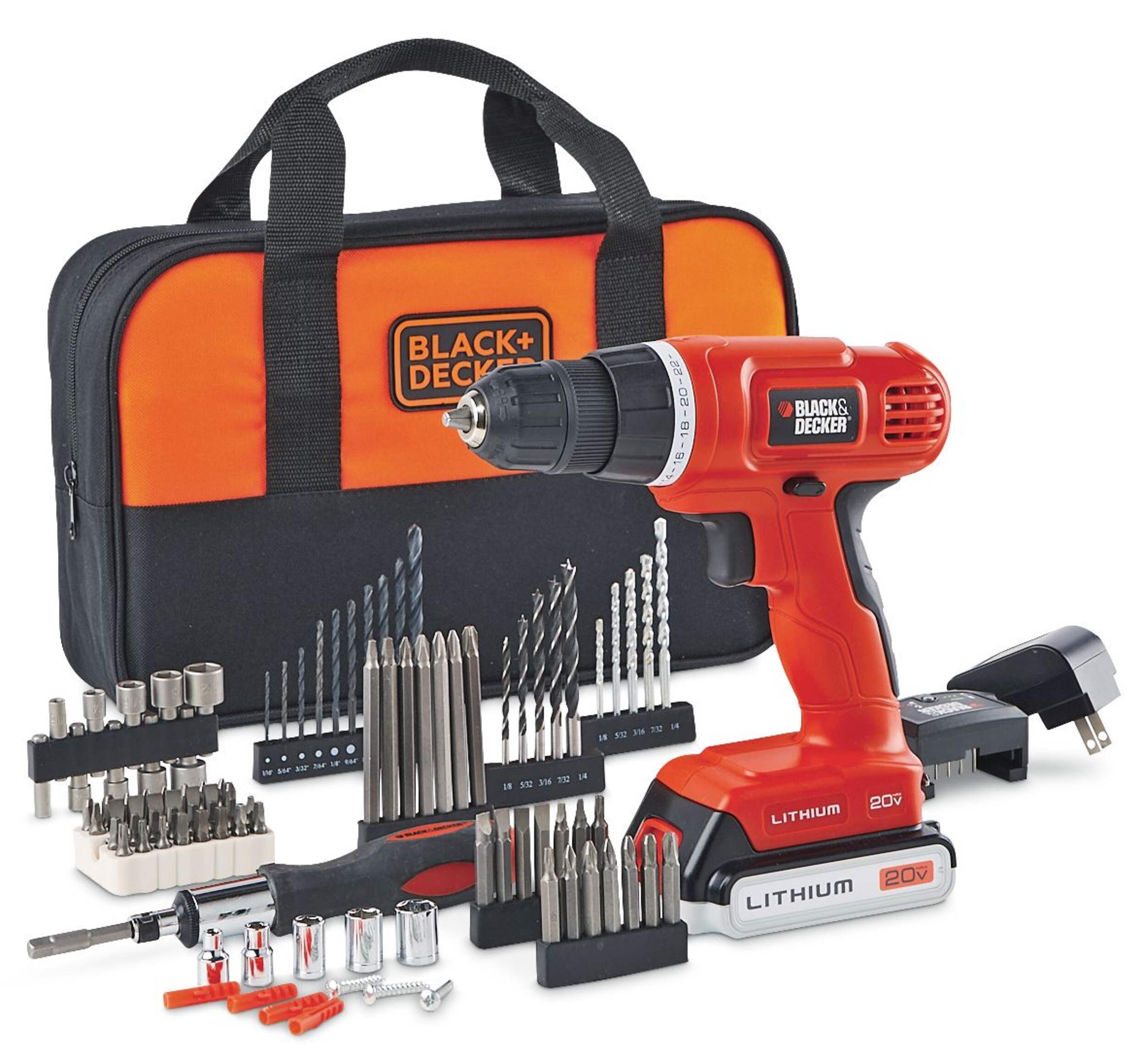 Black & Decker BDC120VACA 20V Cordless Drill with Battery, Charger & 100-pc Accessory Set, 3/8-in Composite_or_Mixed