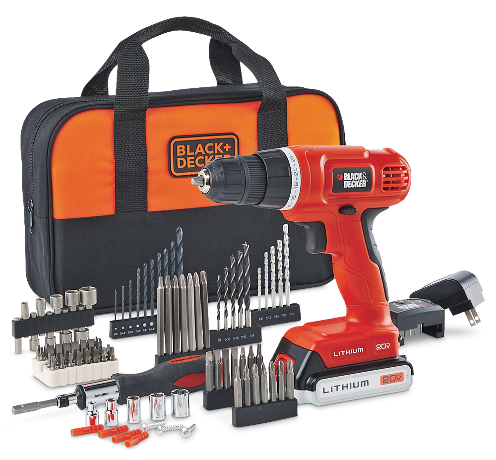Black + Decker BDC120VACA 20V Cordless Drill with Battery, Charger & 100pc Accessory Set, 3/8