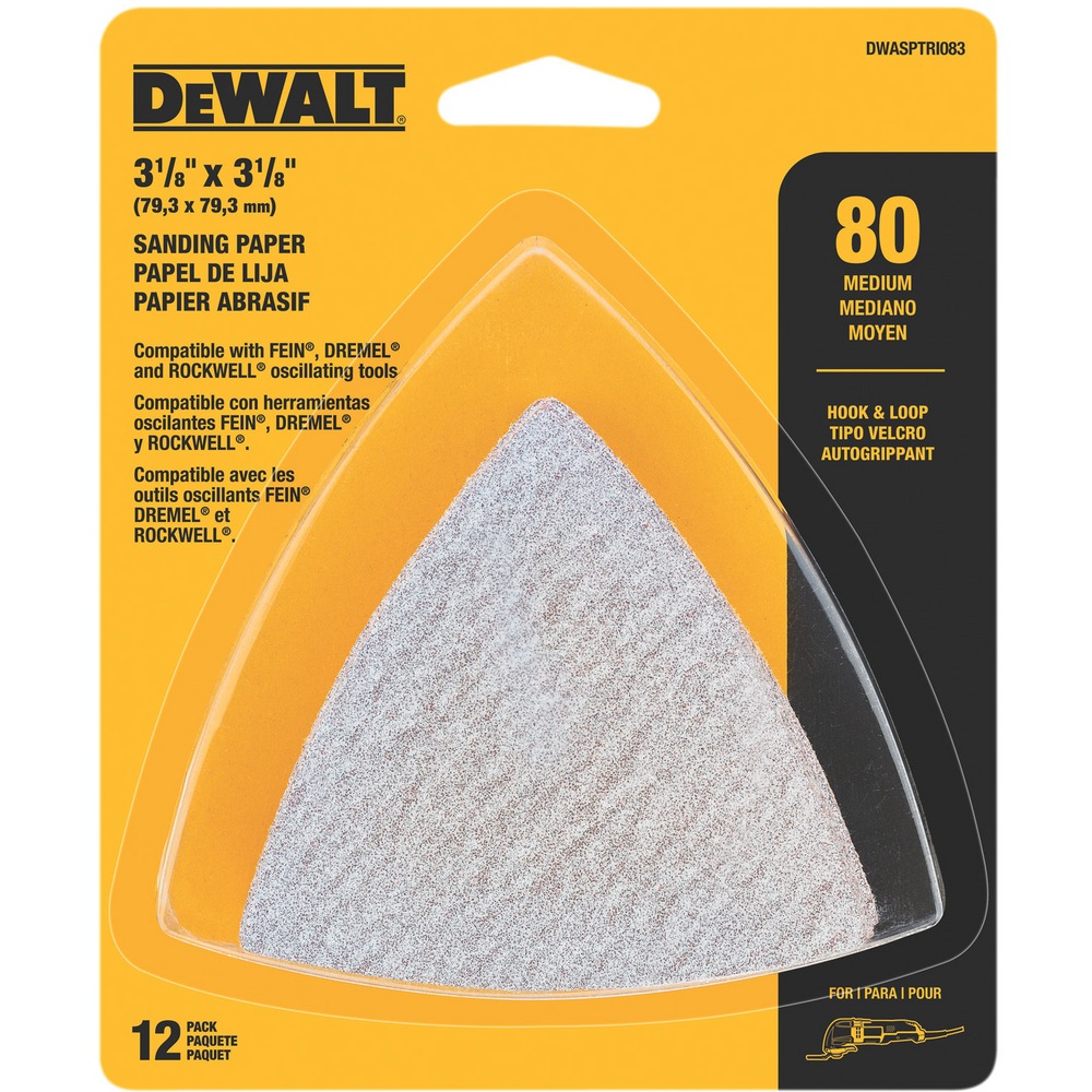 DEWALT Oscillating Hook & Loop Triangle Sandpaper, 80 grit, 12pk
