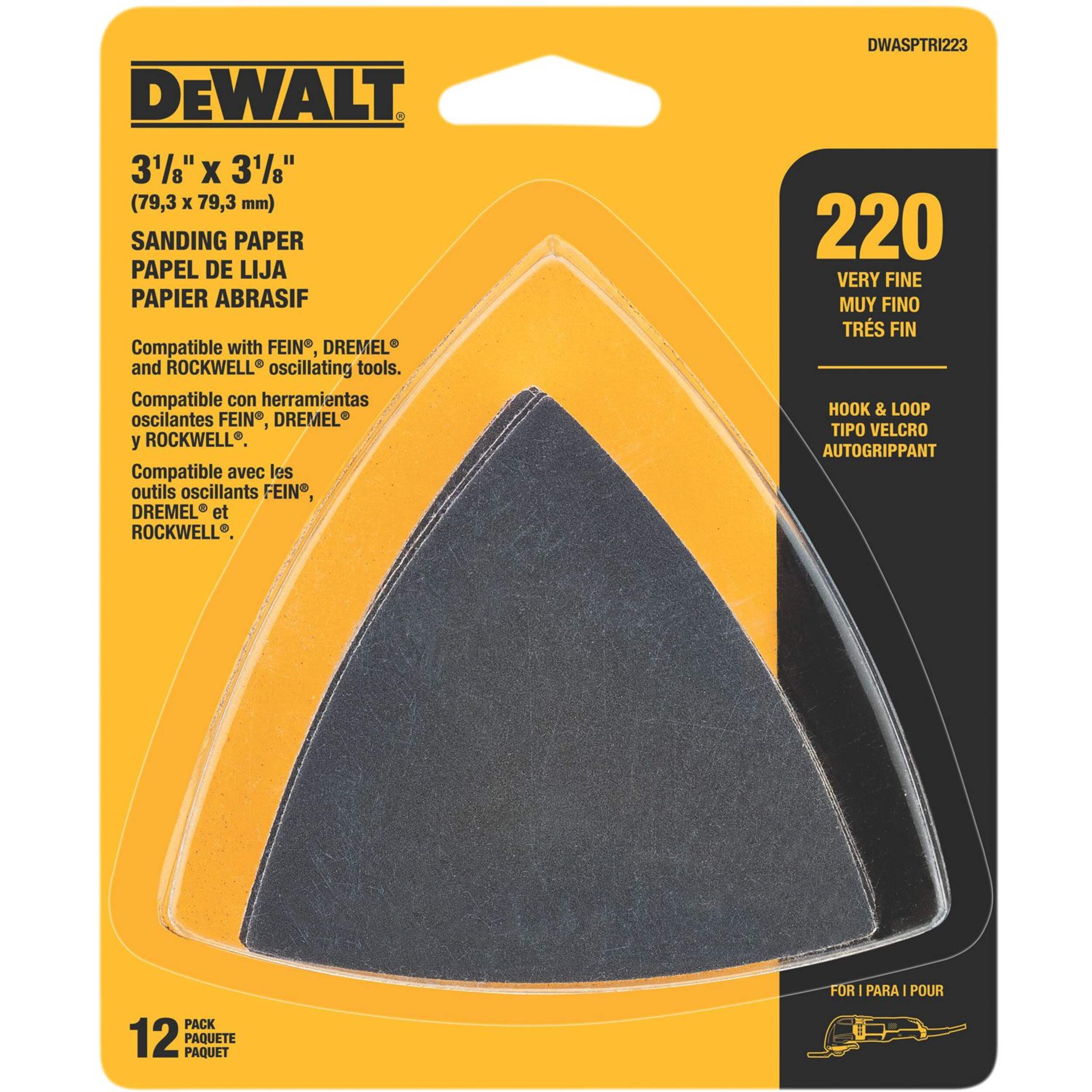 DEWALT Oscillating Hook & Loop Triangle Sandpaper, 220 Grit, 12-pk Front_Flat