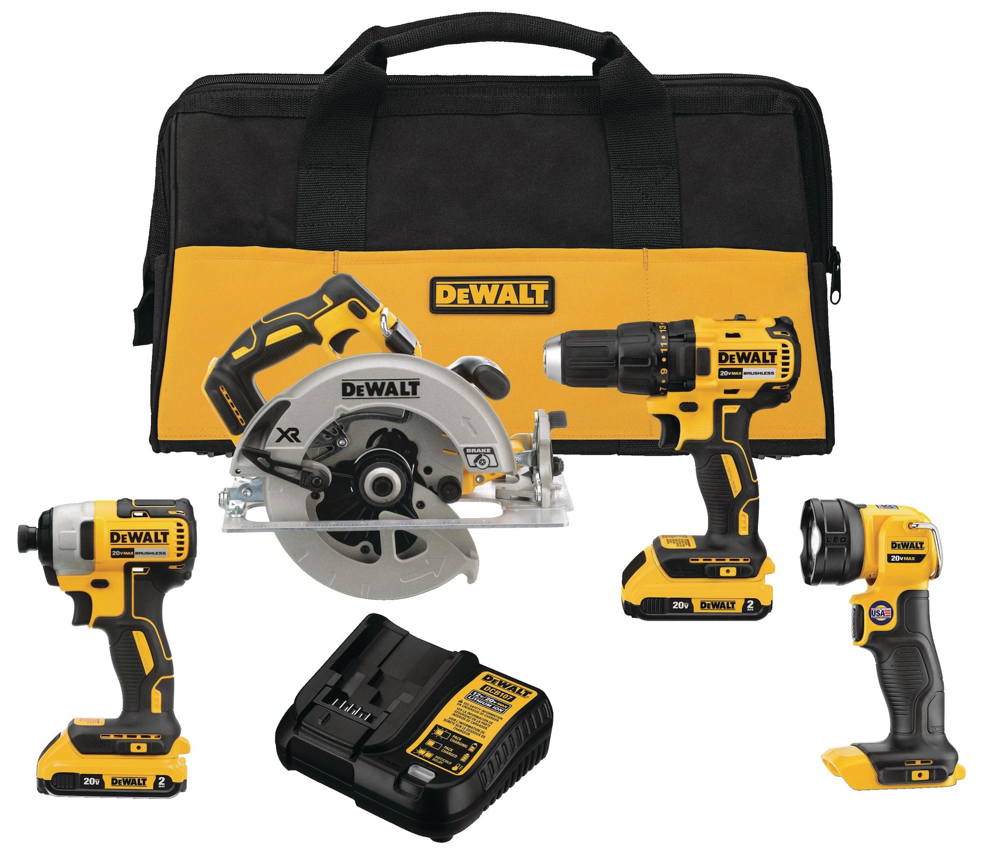 DEWALT DCK477D2 20V MAX Cordless Drill/Driver, Impact Driver, Circular Saw  & Work Light Combo Kit