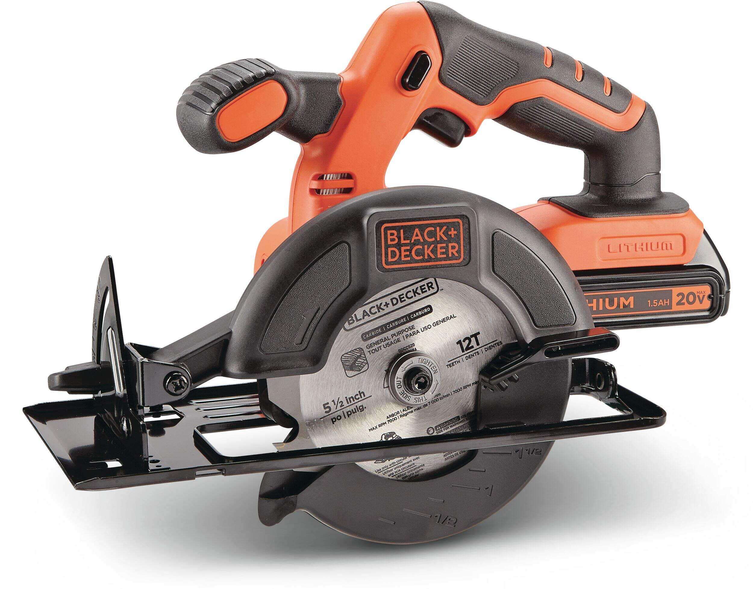 Black + Decker BDCCS20C 20V Max Lithium-Ion Cordless Trim Circular Saw with Battery & Charger, 5-1/2-in Front_Three_Fourths_Angled_Left