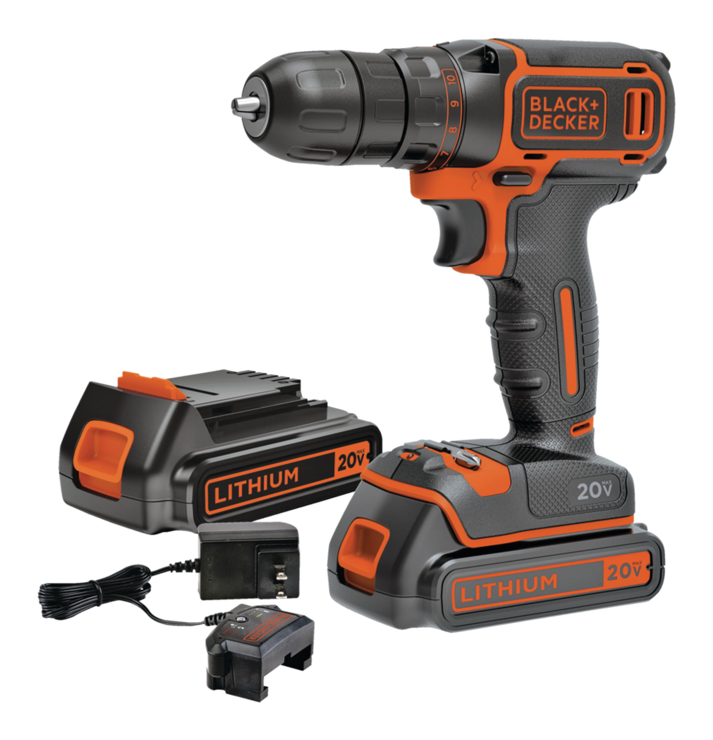 Perceuse-tournevis sans fil au lithium-ion 20 V Max Black + Decker BDCDD120C-2, avec batterie et chargeur, 3/8 po Front_Angled_Right