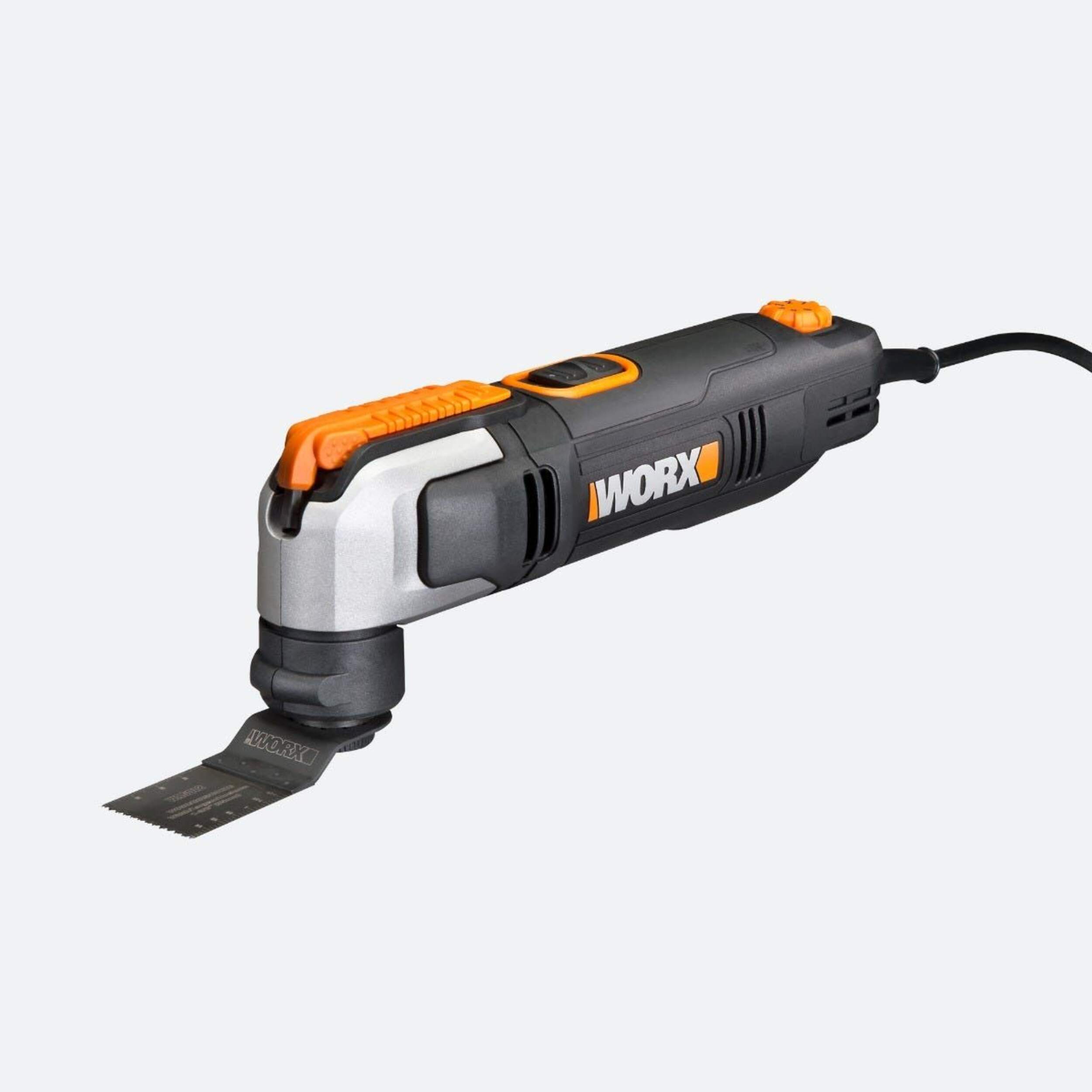 WORX WX686L 2.5A Variable Speed Oscillating Multi Tool with Clip In Wrench, Blade & Sanding Pad Front_Angled_Left