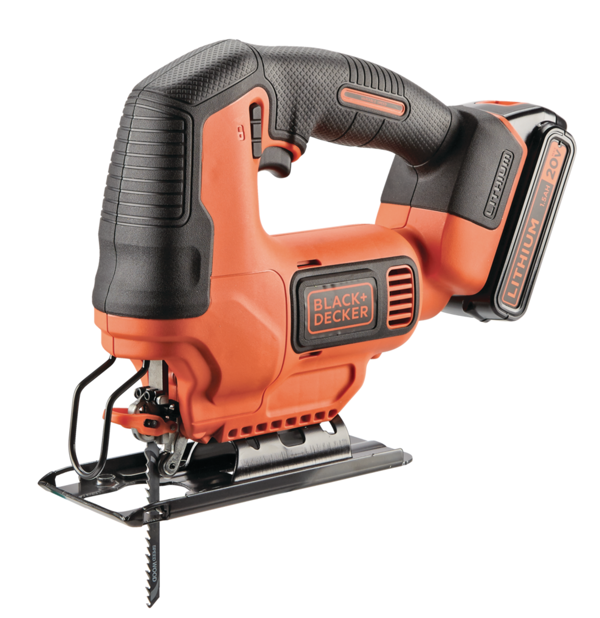 Black + Decker BDCJS20C 20V Max Lithium Variable Speed Cordless Jigsaw with Battery & Charger Front_Angled_Left