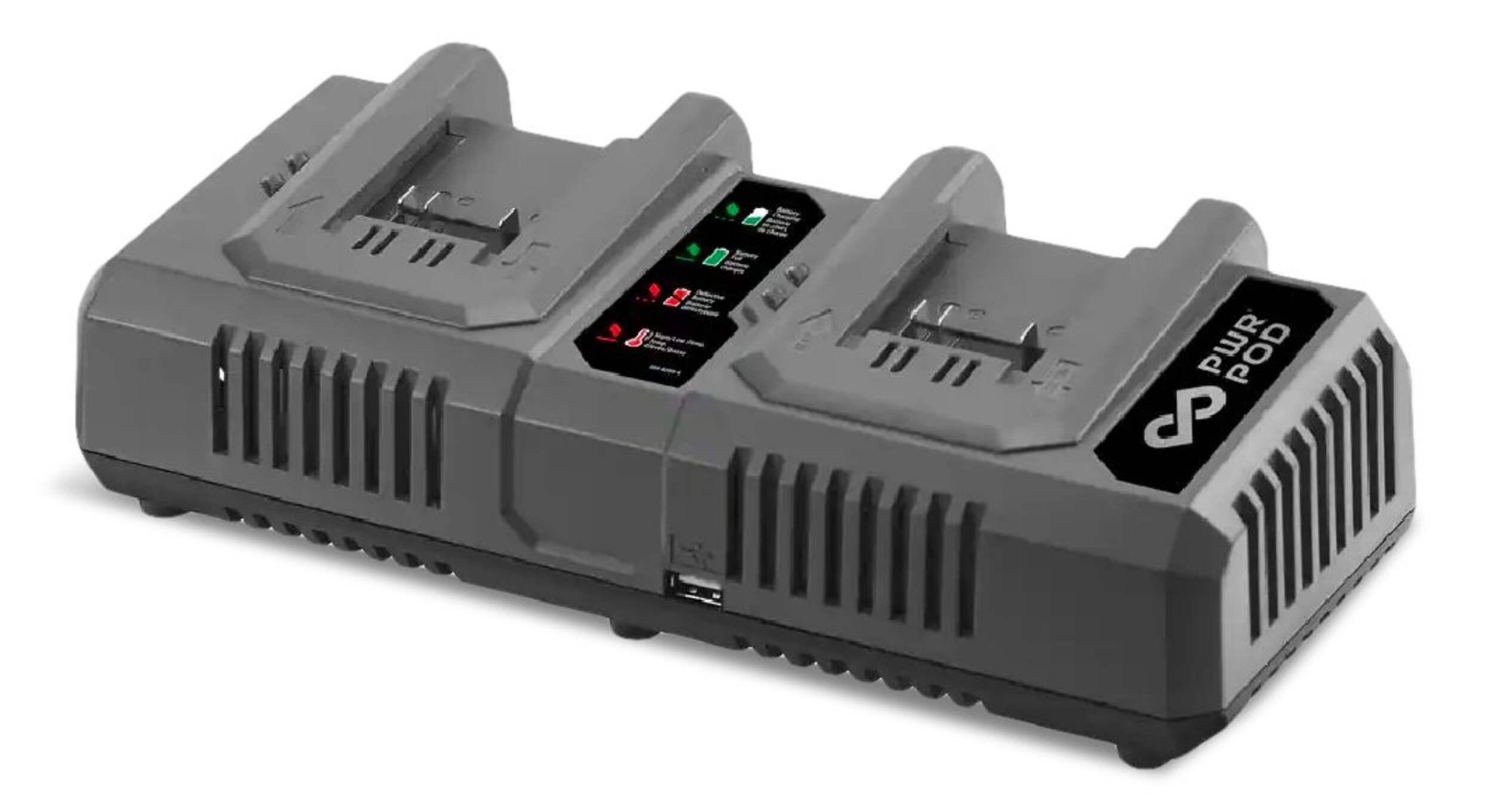 PWR POD 20V Multi-Pack Dual Port Charger Front_Three_Fourths_Angled_Left