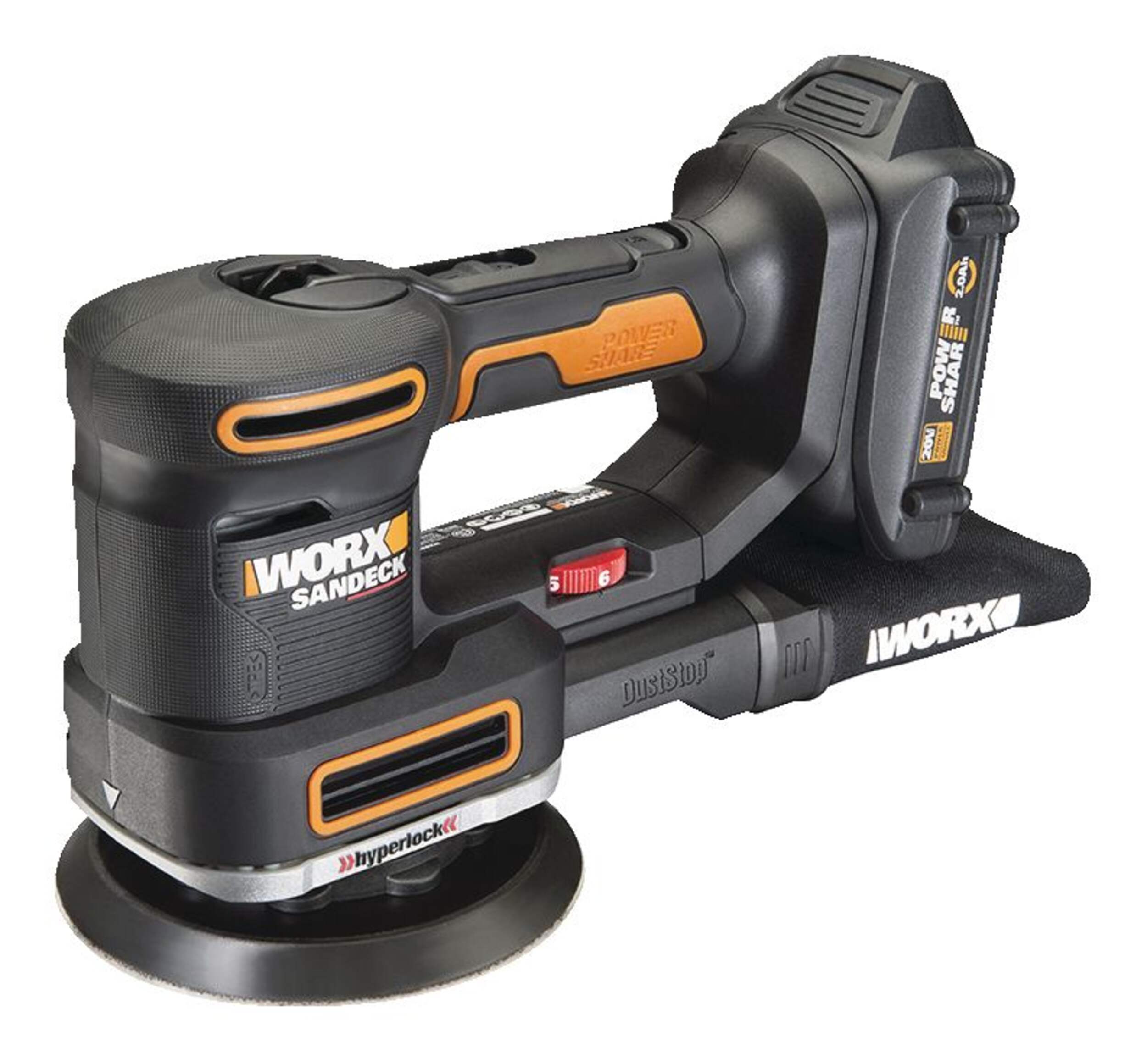 WORX WX820L 20V Power Share Sandeck 5-in-1 Cordless Detail/Finishing/Random Orbital Sander Kit Front_Angled_Left