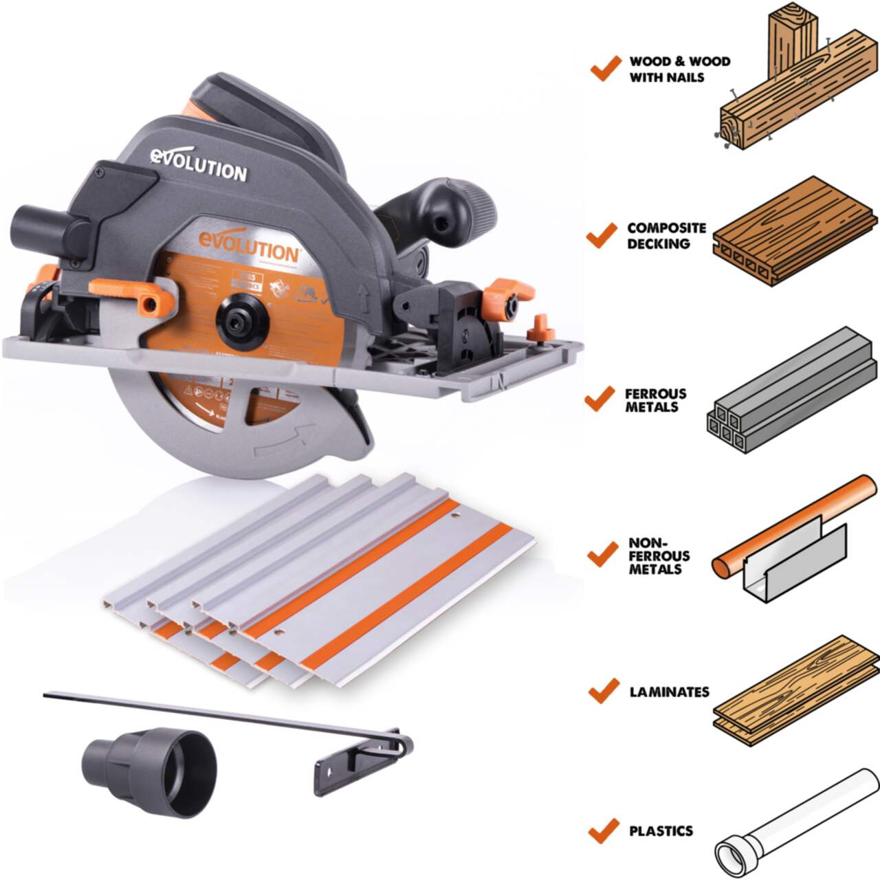 Evolution Power Tools R185CCSX 15A Multi Material Circular Track Saw Kit with Carbide Blade 7 1 4 in