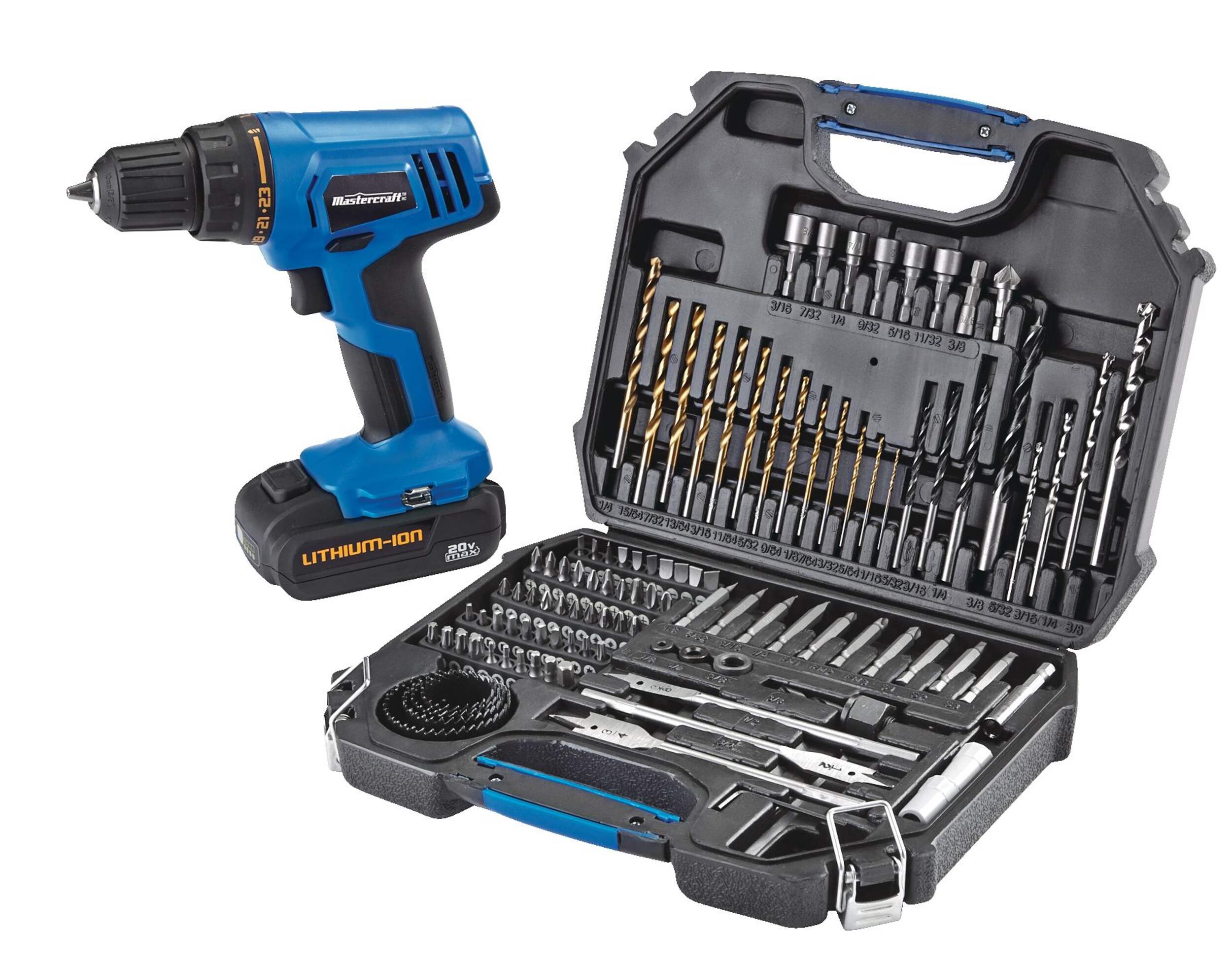 Mastercraft 20V Max Lithium-Ion Cordless Drill with PWR POD 2.0 Ah Battery, Charger & 104-pc Accessory Kit, 3/8-in Front_Angled_Left