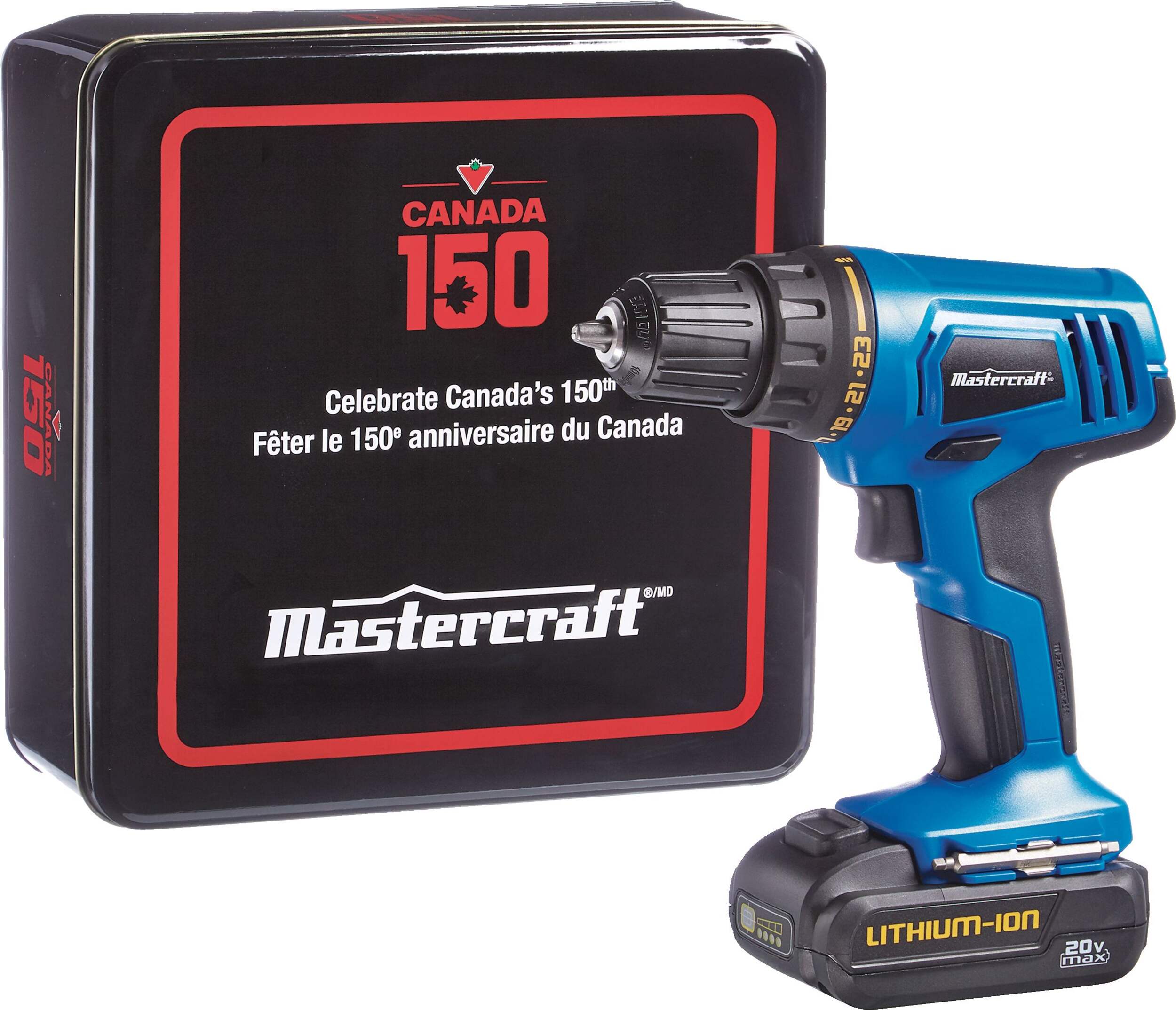 Mastercraft 20V Max Lithium-Ion Cordless Drill/Driver with Battery, Charger & Canada Tin, 3/8-in Front_Angled_Left