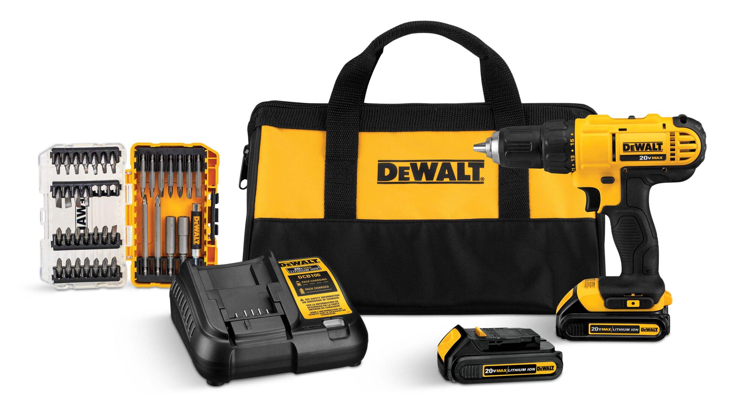 DEWALT DCD771C2BA 20V MAX Cordless Drill/Driver with Battery, Charger & 37-pc Accessory Kit, 1/2-in Composite_or_Mixed