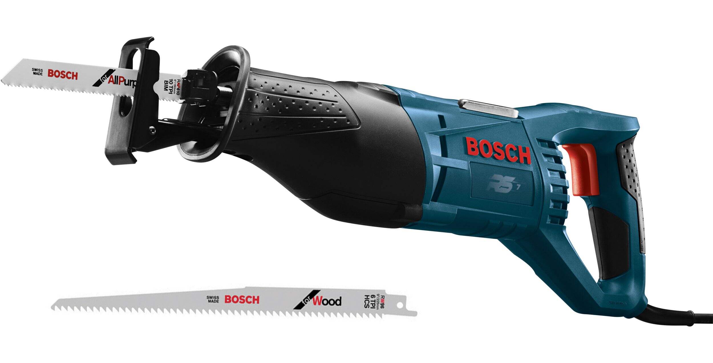 Bosch RS7B 11A Variable Speed Reciprocating Saw with LED Light & 5-pk Assorted Bonus Blade Set Front_Angled_Left