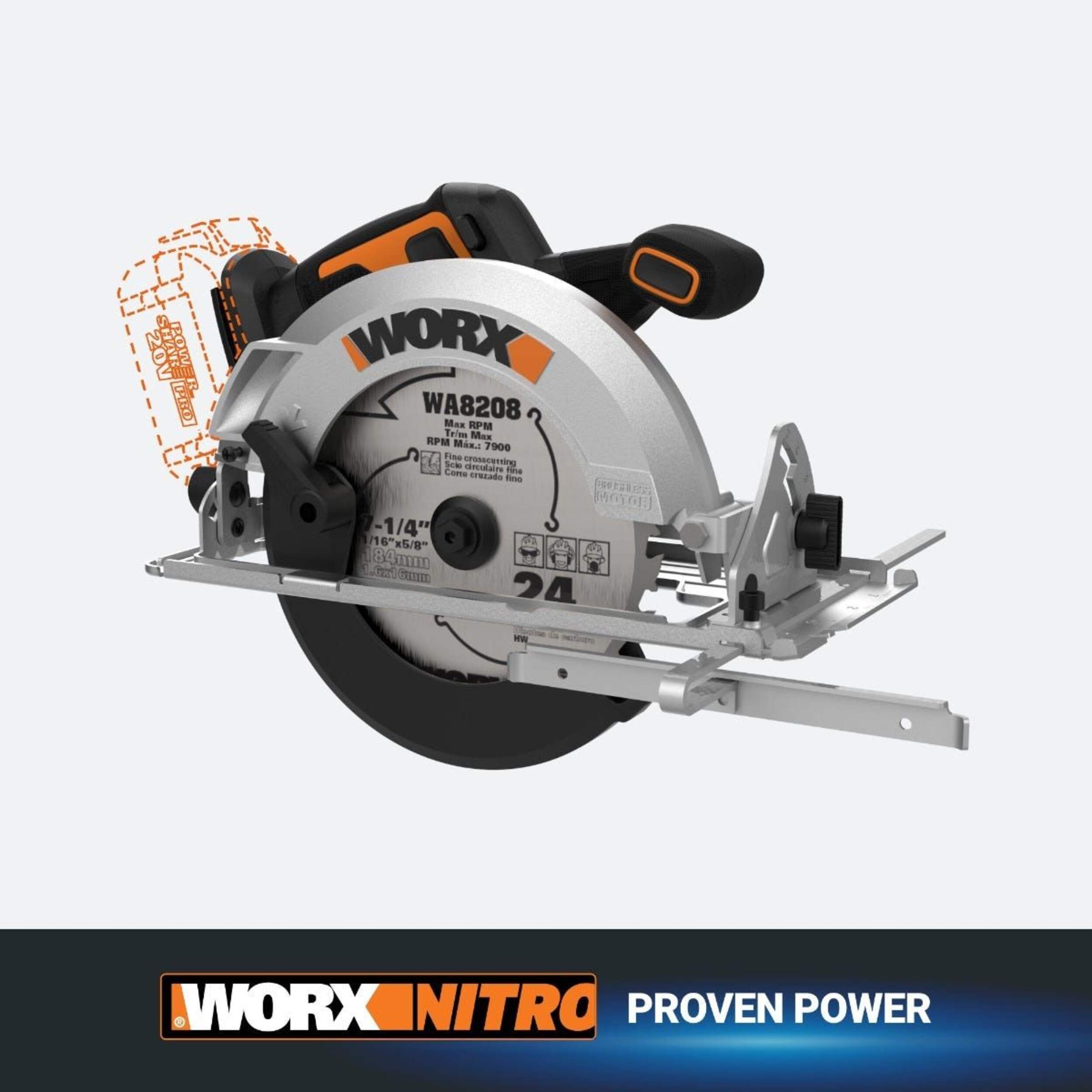 WORX NITRO 20V Brushless Circular Saw, 7 1/4-in (Tool Only) Front_Angled_Right