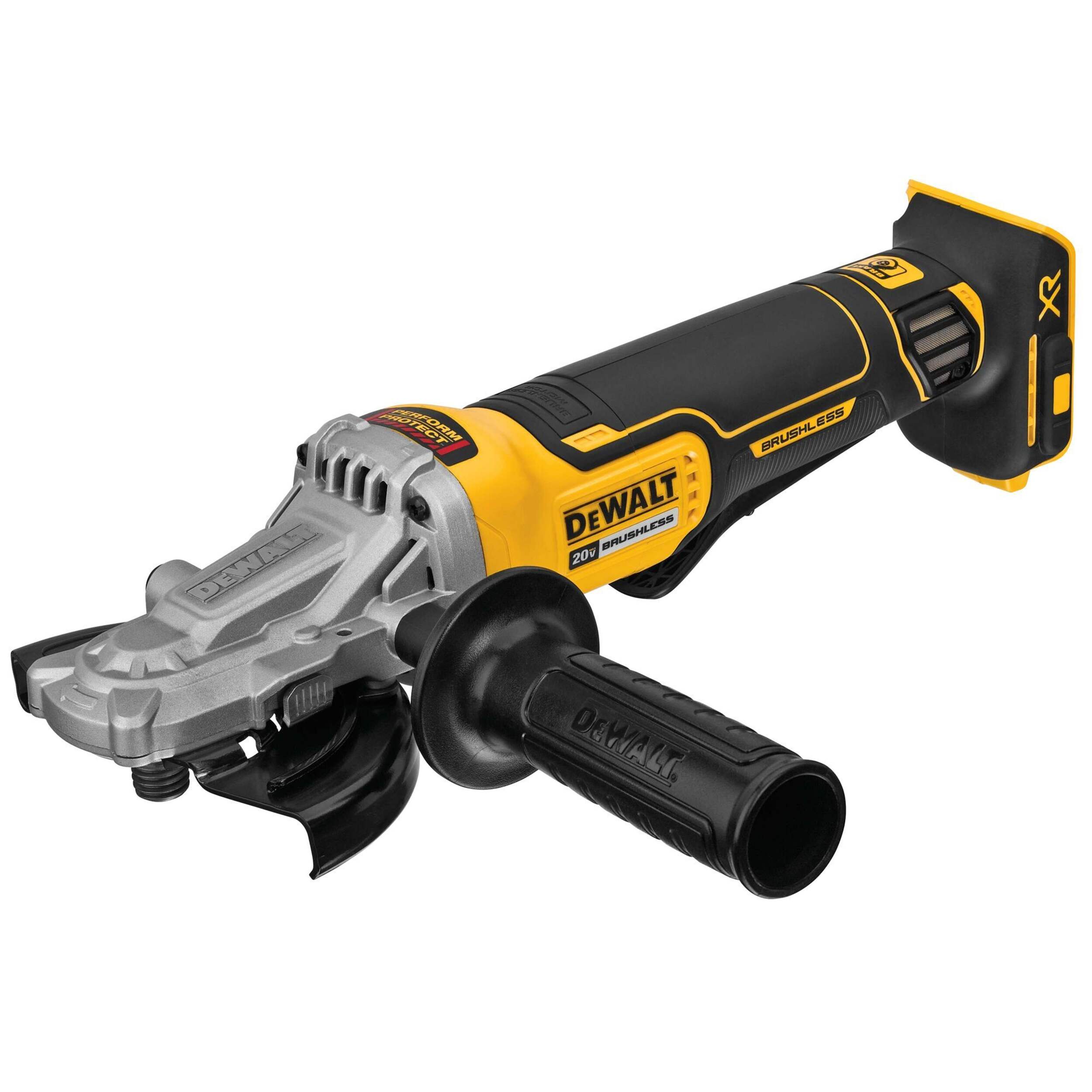DEWALT DCG413FB 20V MAX XR 5-in Flathead Paddle Switch Small Angle Grinder Front_Three_Fourths_Angled_Left
