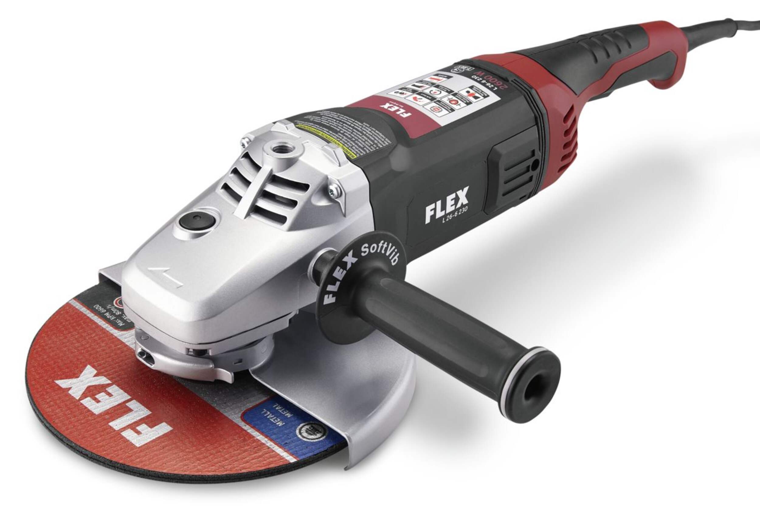 FLEX L 26-6 230 15A Large Angle Grinder with Trigger Lock - On Switch, Anti-Kickback, SoftVib Handgrip, Type 27 Grinding Guard, 9-in Front_Three_Fourths_Angled_Left