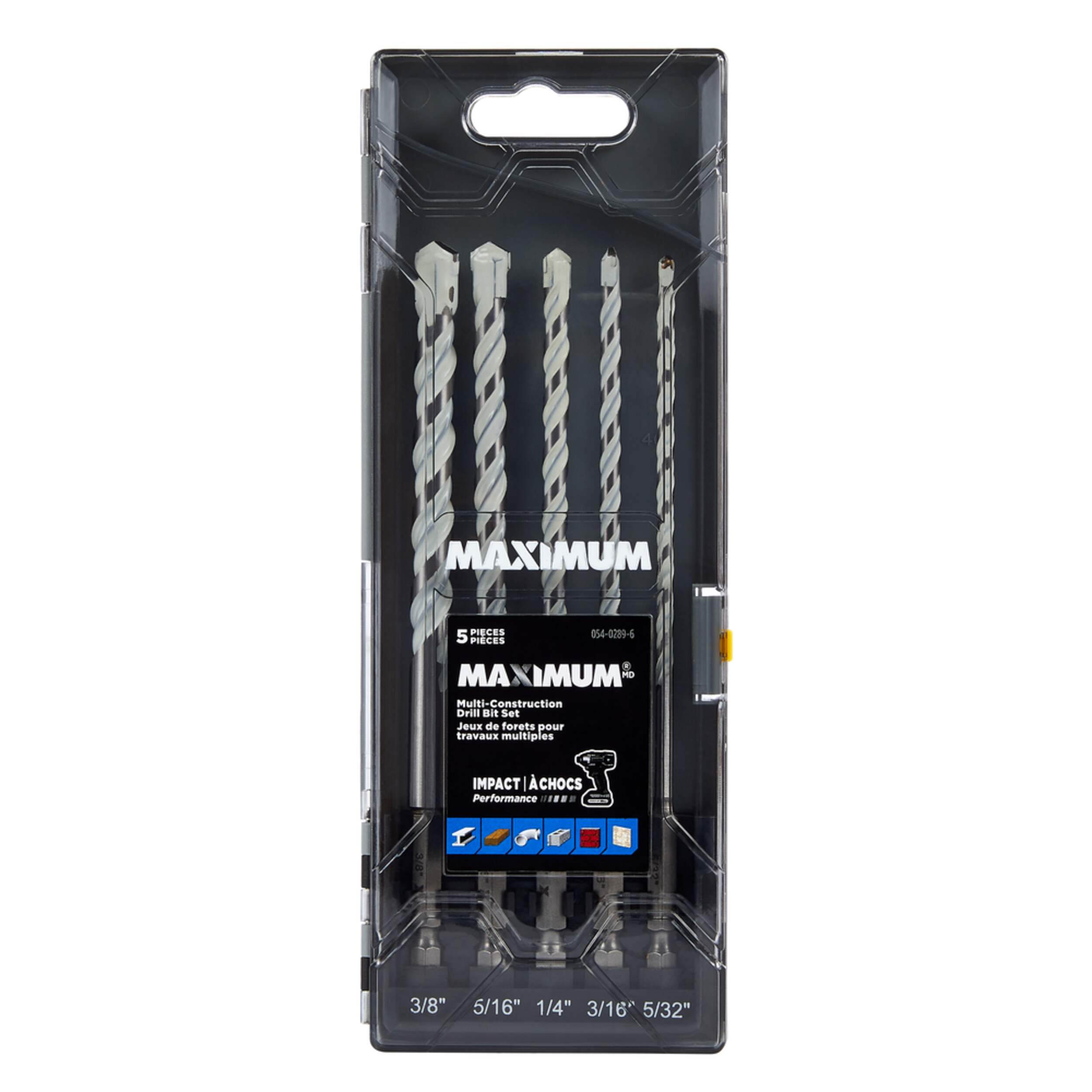 MAXIMUM Multi Construction Carbide Drill Bits Set for Wood, Metal, Plastic, and Masonry, 5-pc Front_Flat