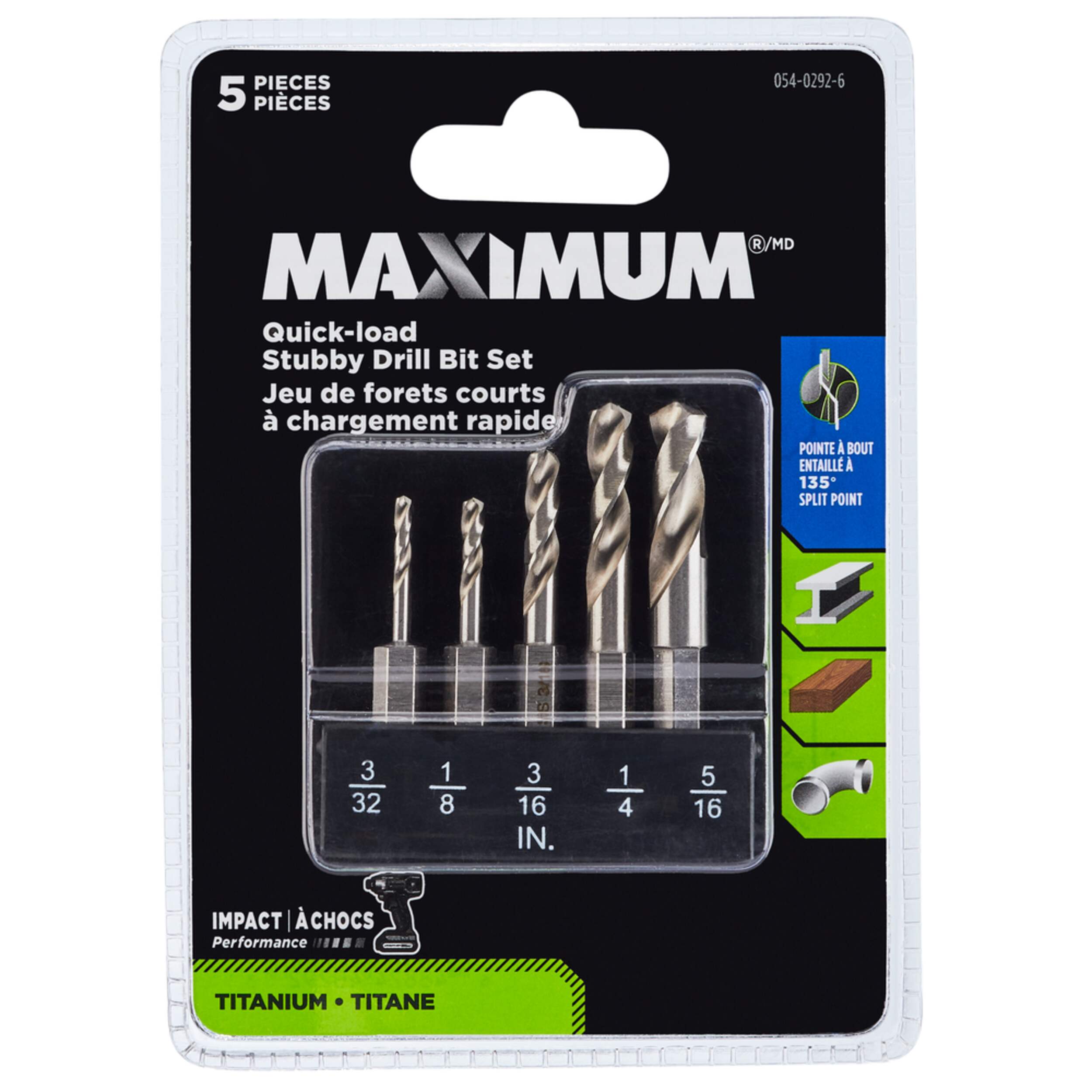 MAXIMUM Quick Load Stubby Titanium Drill Bit Set for Wood, Metal, Plastic, 5-pc Front_Flat