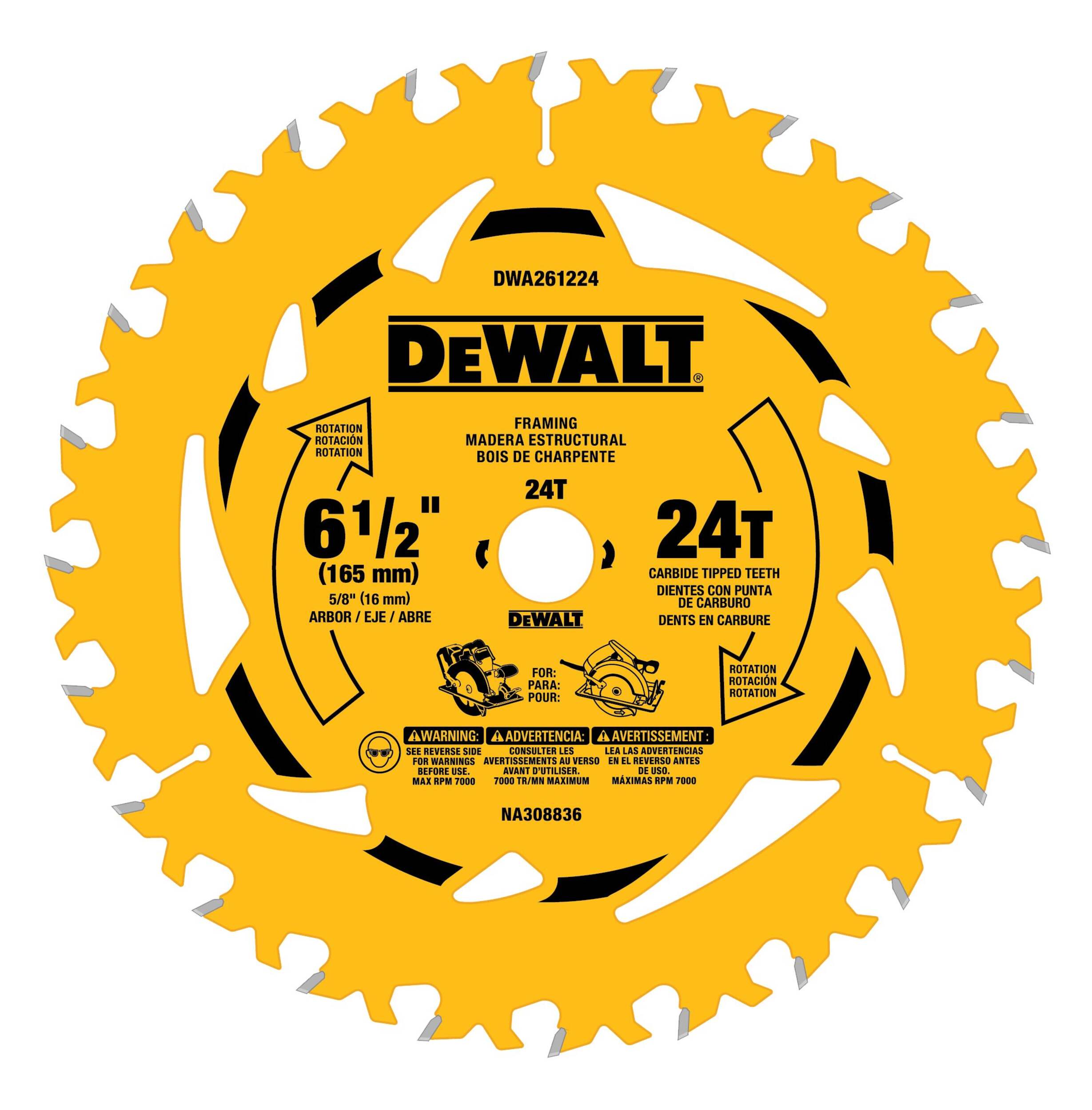 DEWALT DWA261224 6-1/2-in 24T Carbide Tipped Circular Saw Blade Front_Flat
