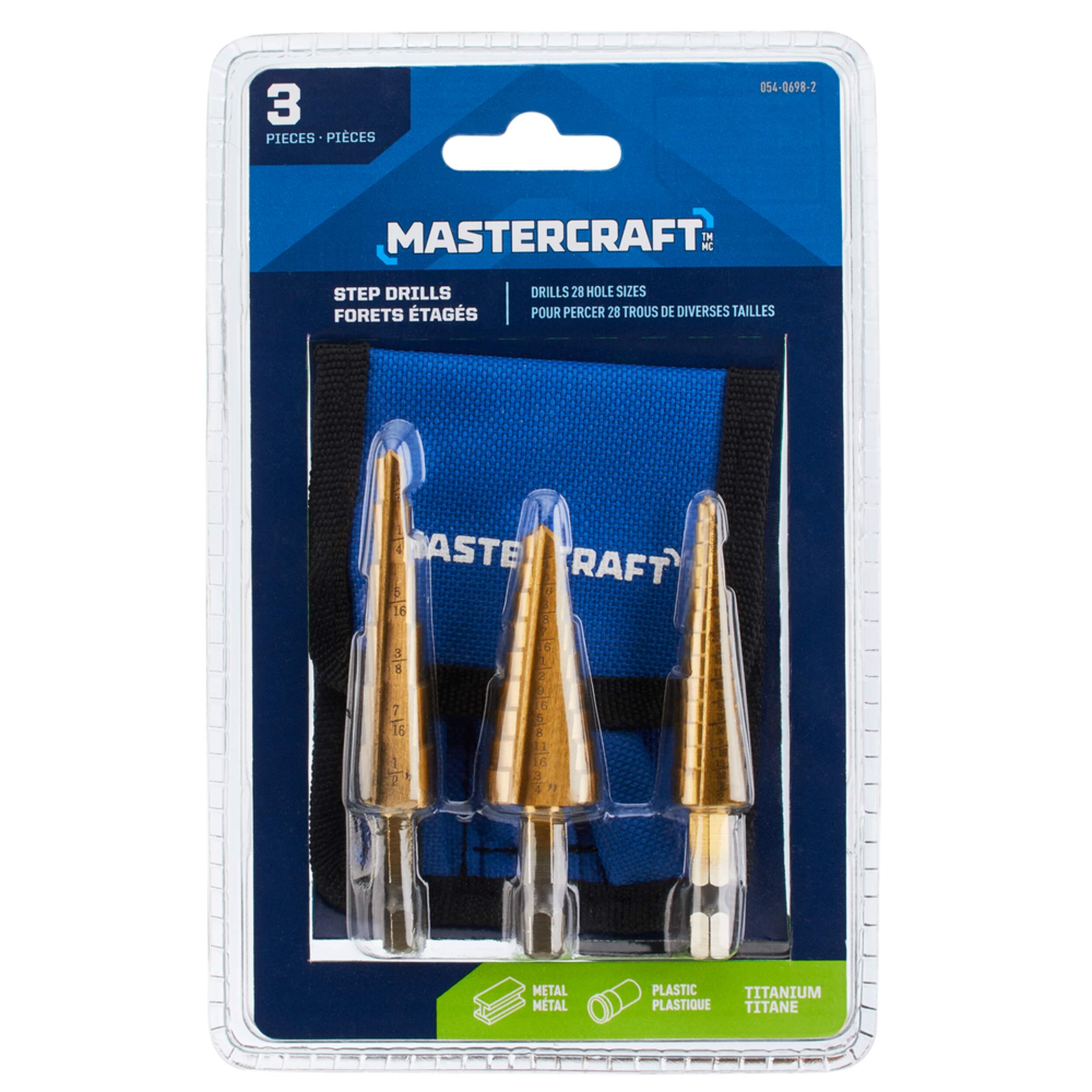 Mastercraft Titanium-Nitride Coated Step Drill Bit Set for Metal, Plastic, 3-pc Front_Flat
