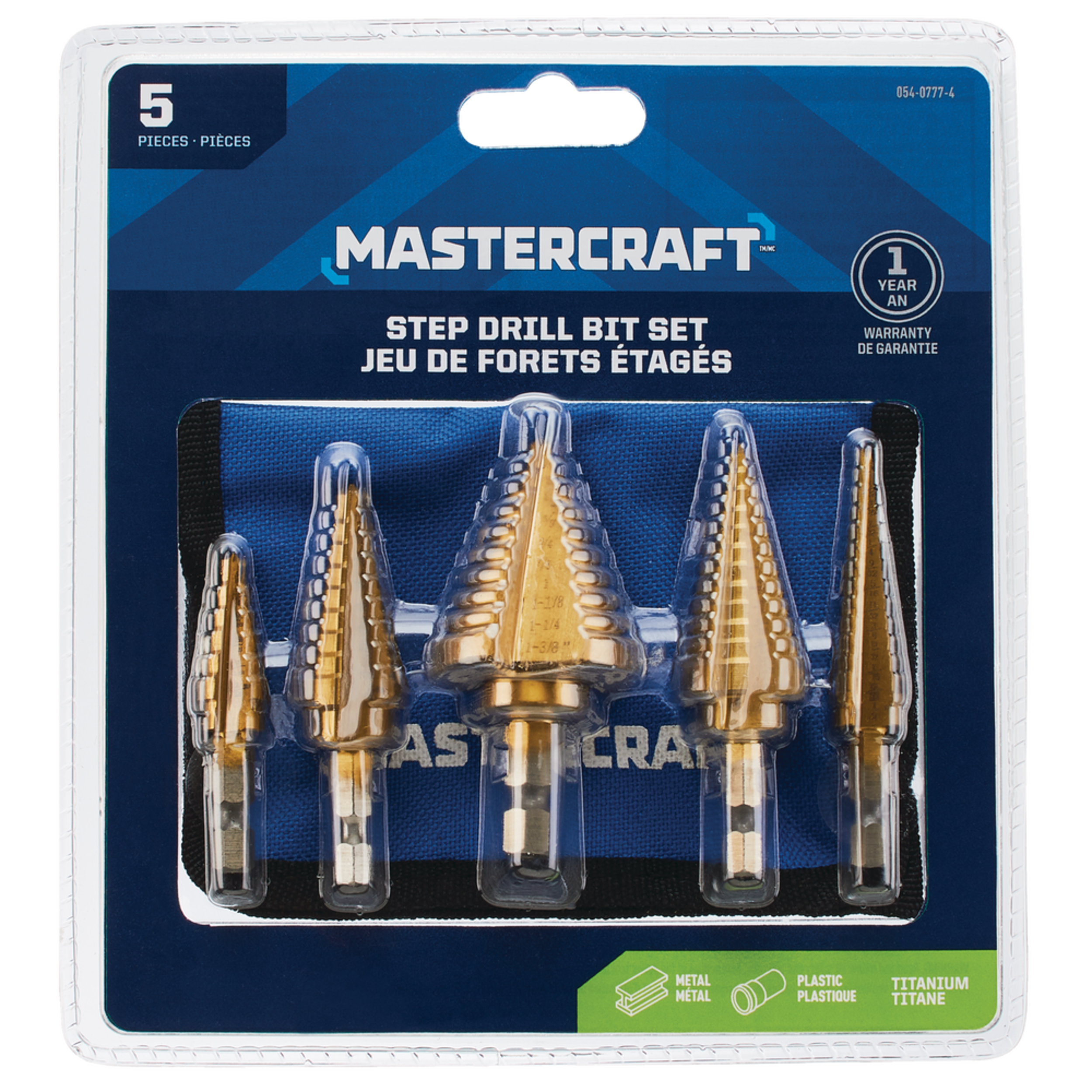 Forets étagés enduits de nitrure de titane Mastercraft, pour métal et plastique, paq. 5 Front_Flat