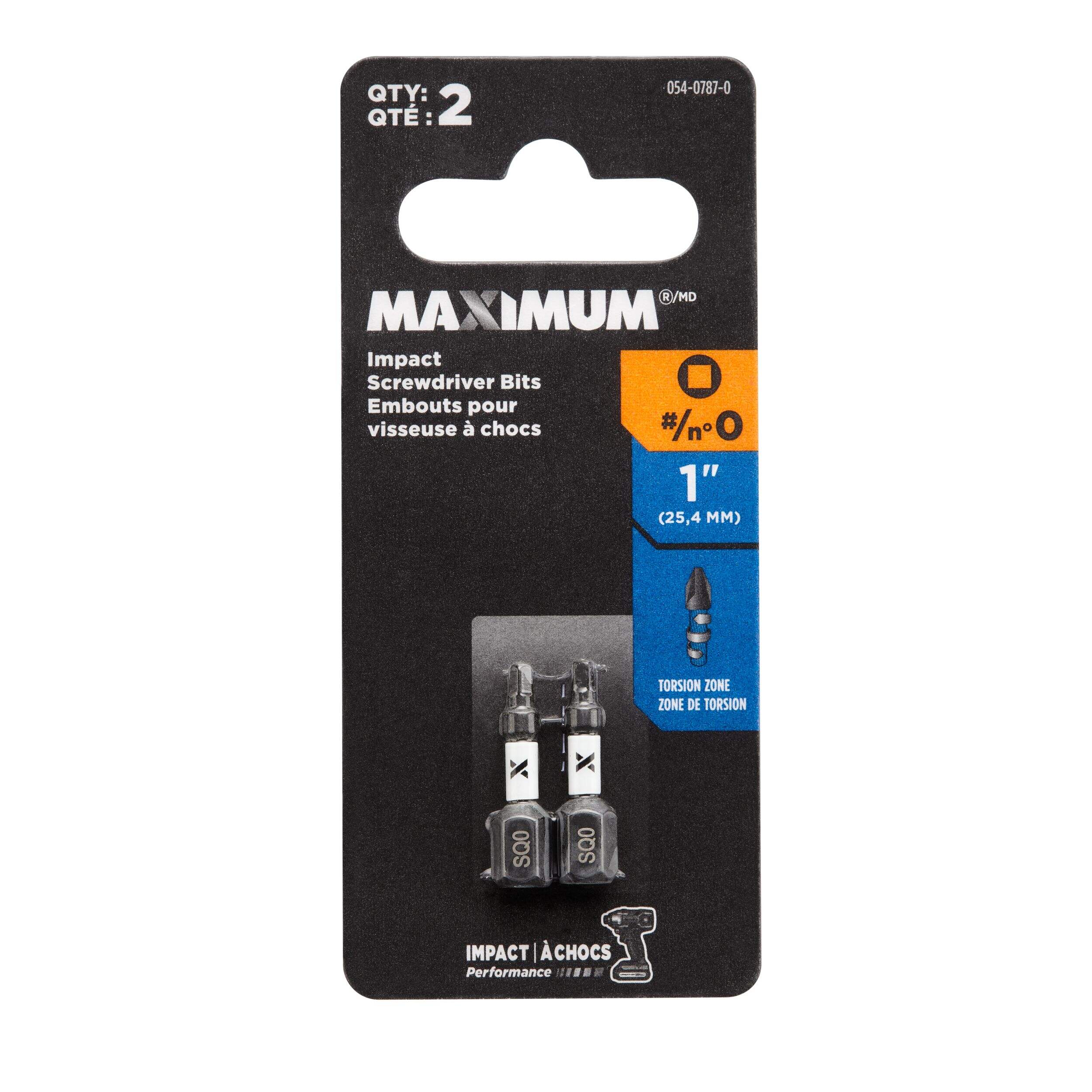 MAXIMUM SQ0 Square Screwdriver Bit, 1-in, 2-pk Front_Flat
