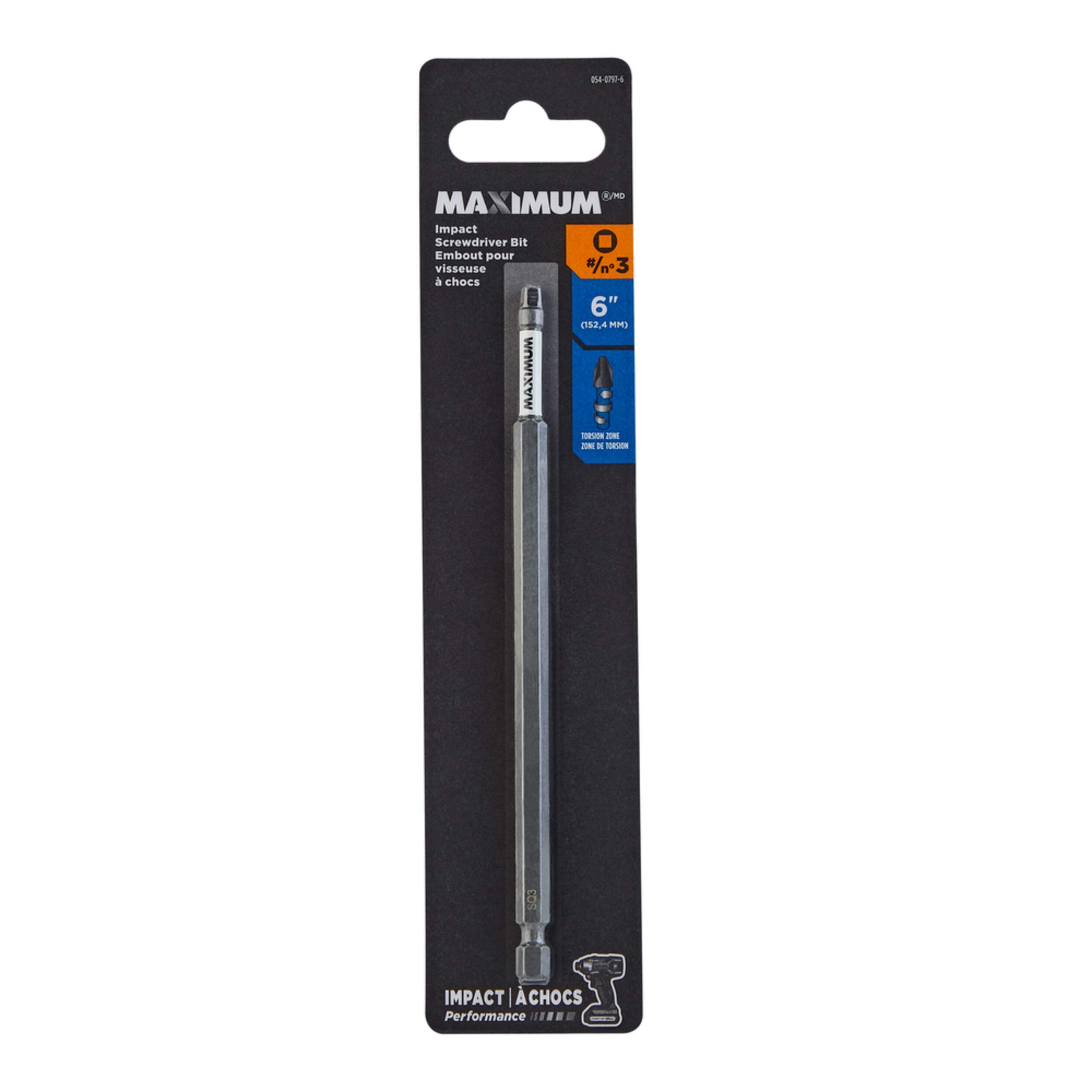 MAXIMUM SQ3 Square Screwdriver Bit, 6-in, 1-pk Front_Flat