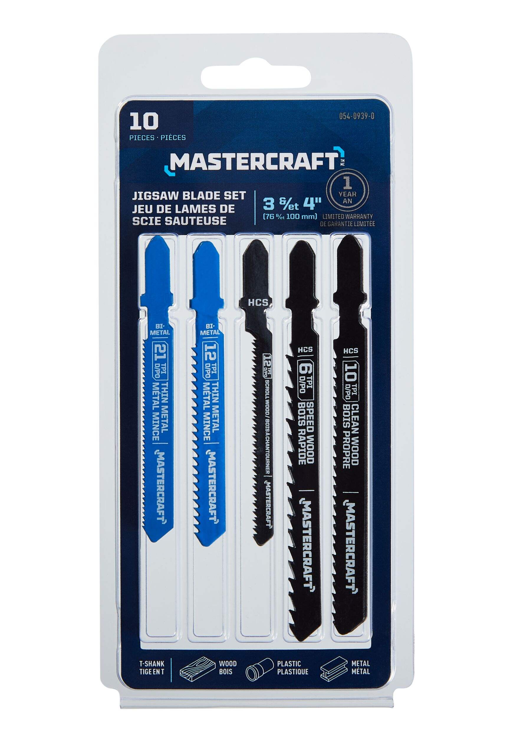 Mastercraft T-Shank Bi-Metal & HCS Jigsaw Blade Set for Wood, Metal, 10-pc Front_Flat