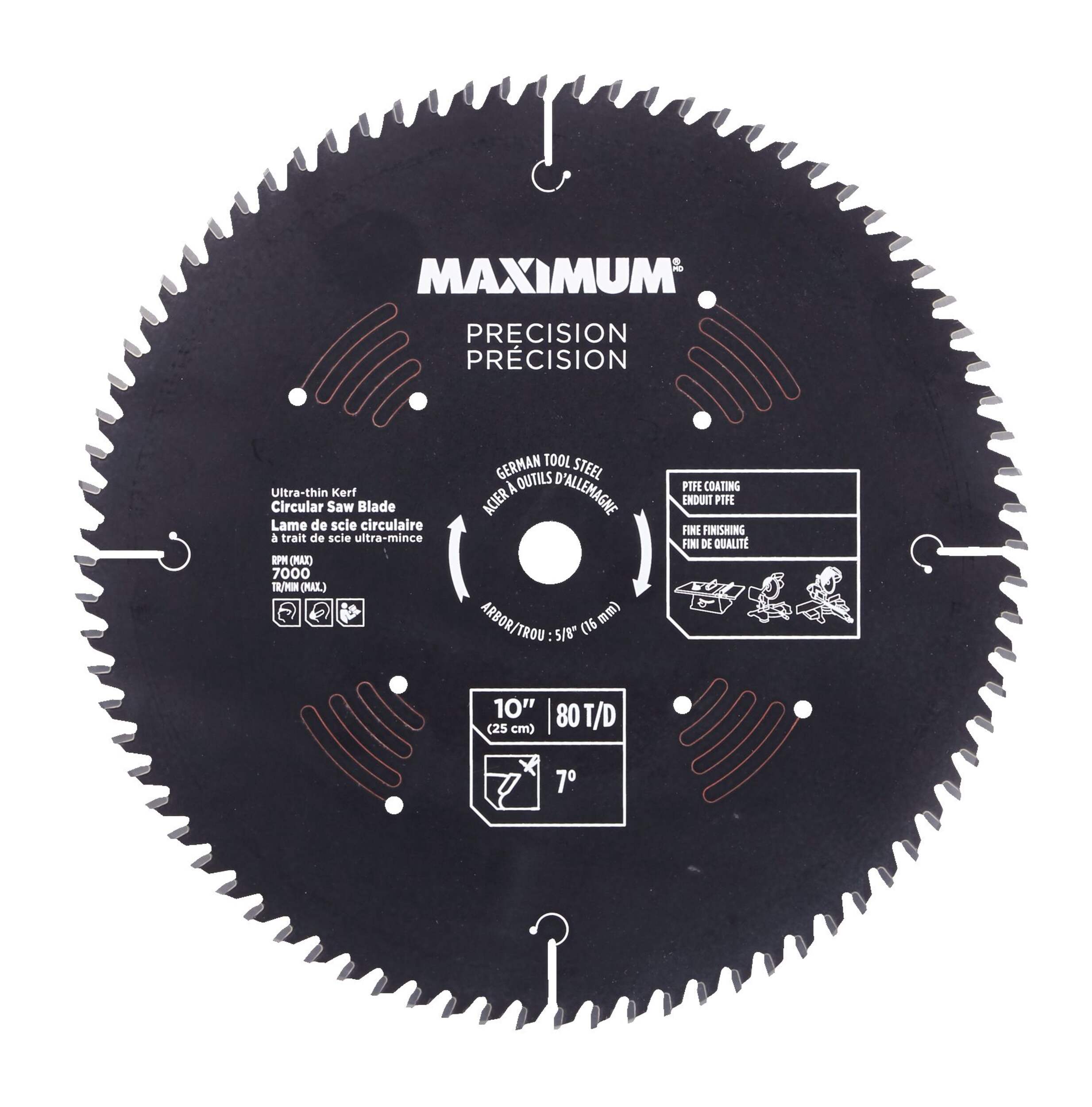 Lame de scie circulaire en acier 80T MAXIMUM à coupe transversale / finition soignée, pour le bois, 10&nbsp;po Front_Flat