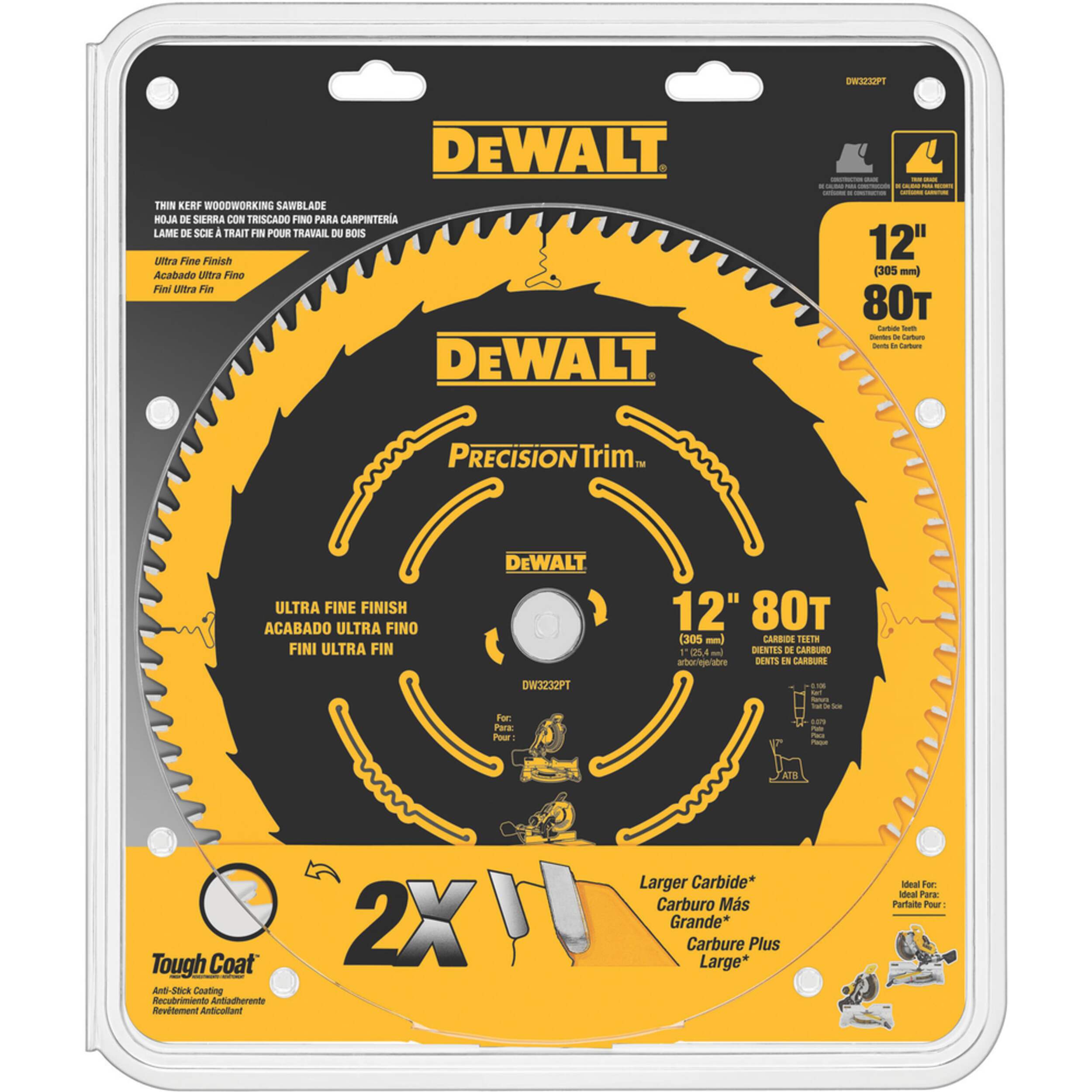 Lame de coupe de précision DeWALT, 12 po, 80 dents Front_Flat