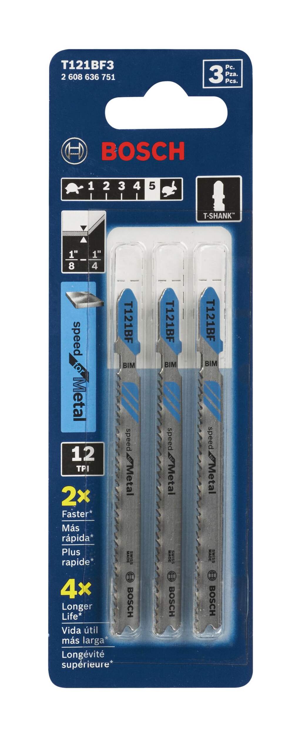 Bosch Speed 12T T-Shank Bi-Metal Jigsaw Blades for Metal, 3-pk Front_Flat