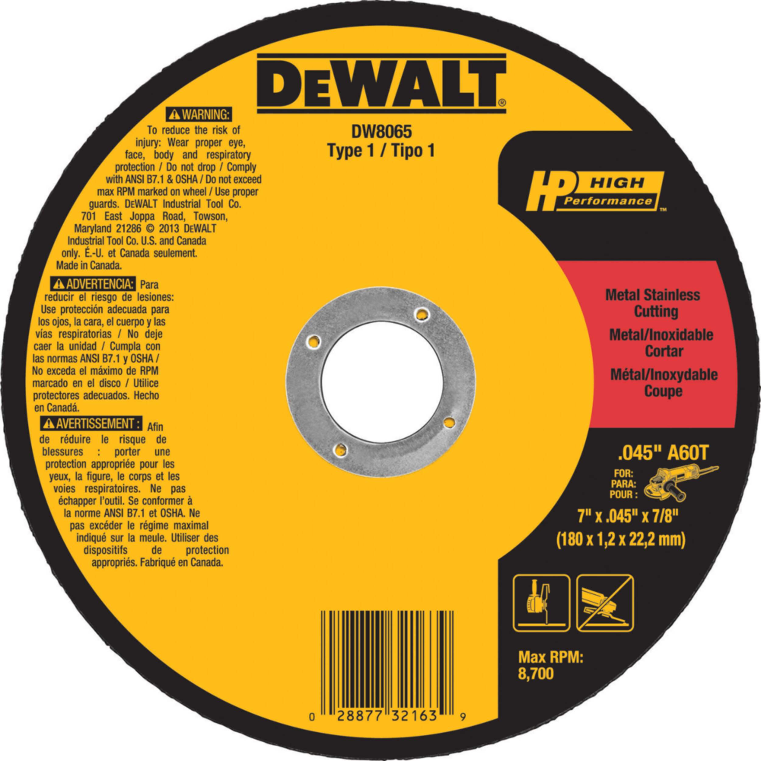 DEWALT DW8065 7 x.045 x 7/8-in Type 01 Aluminum Oxide Thin Cut off Wheel for Metal Front_Flat
