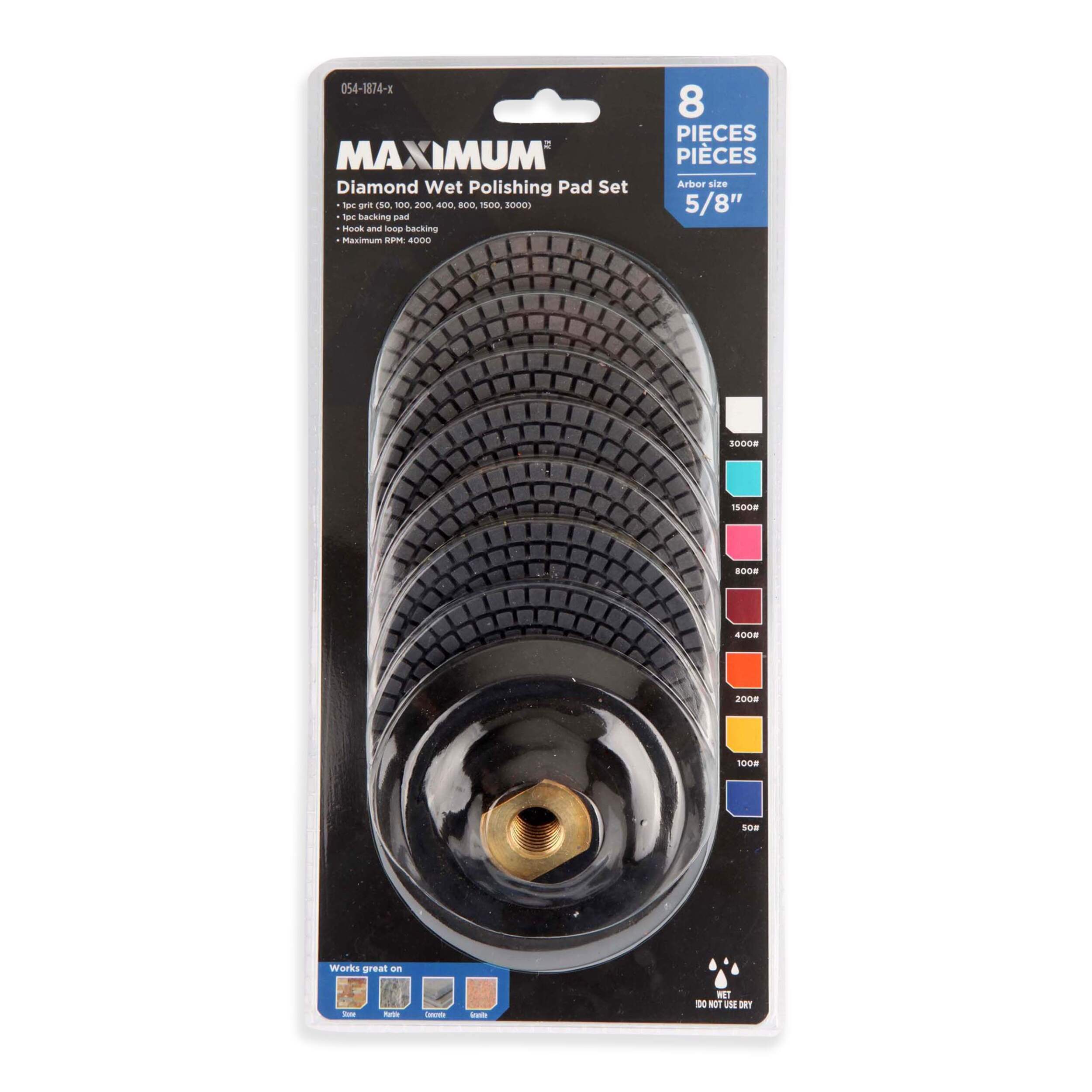 MAXIMUM Diamond Wet Polishing Pad Set, 50-3000 Grit, 8-pc Front_Flat