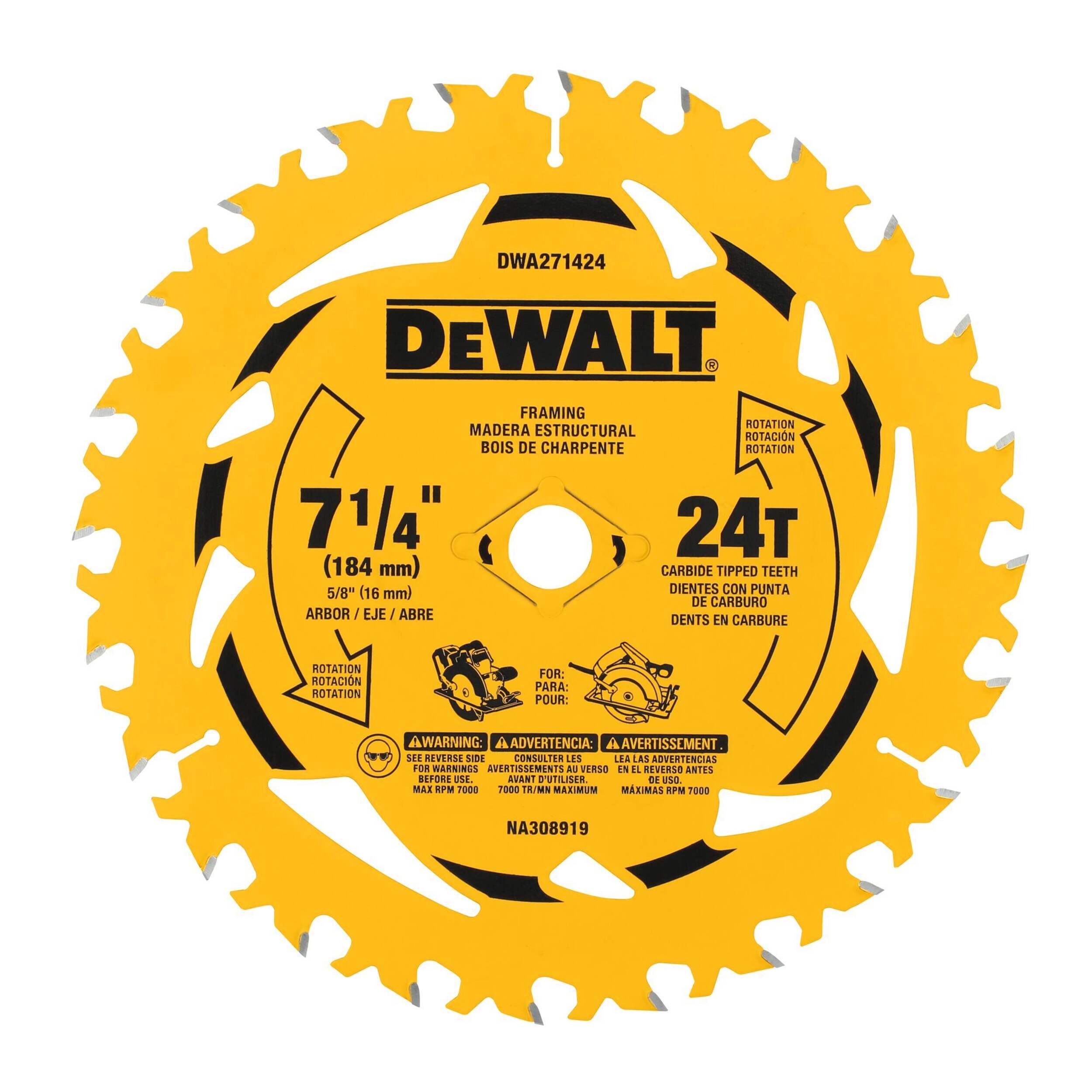 DEWALT 7-1/4-in 24T Carbide Tipped Circular Saw Blade for Wood Front_Flat