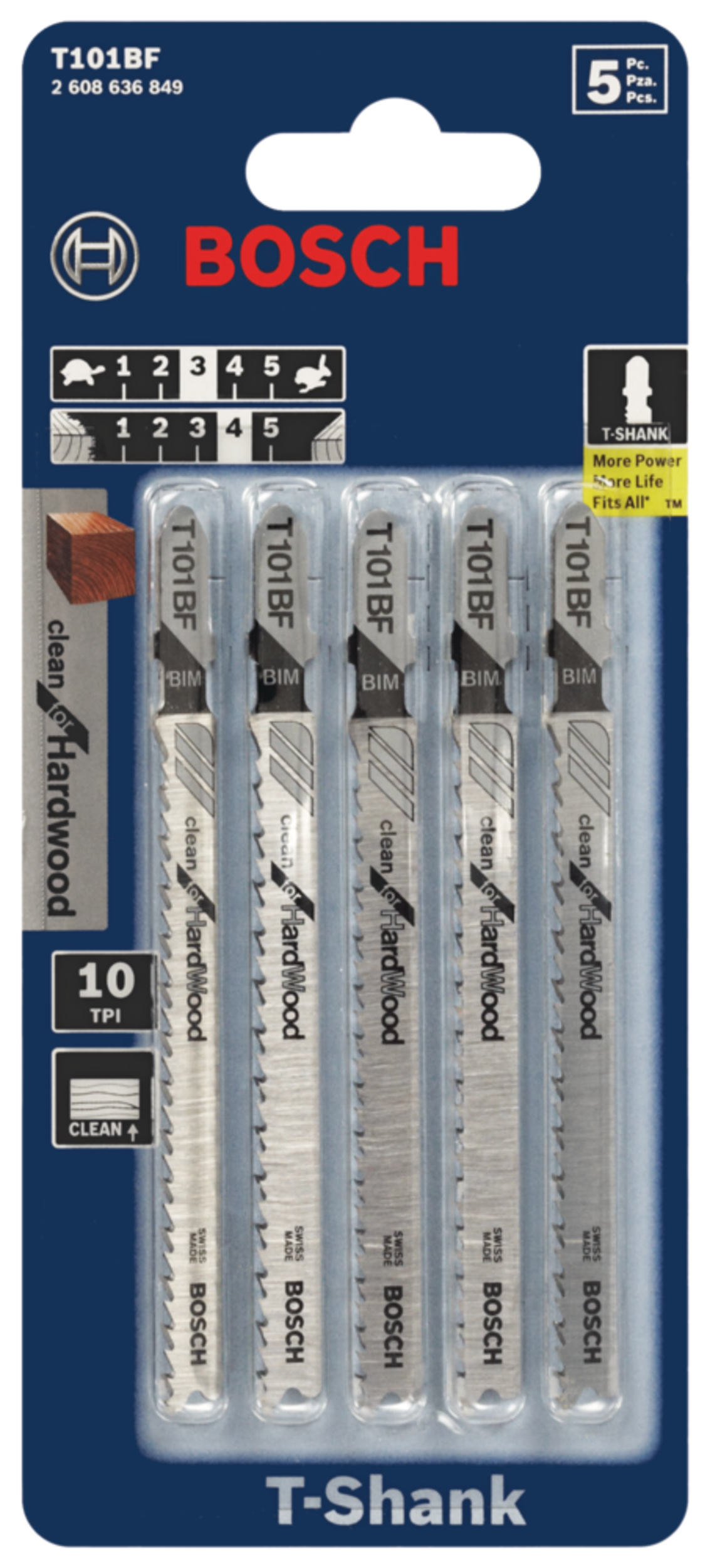 Bosch T101BF 4-in 10 TPI T-Shank Carbide Jigsaw Blades for Wood, 5-pk Front_Flat