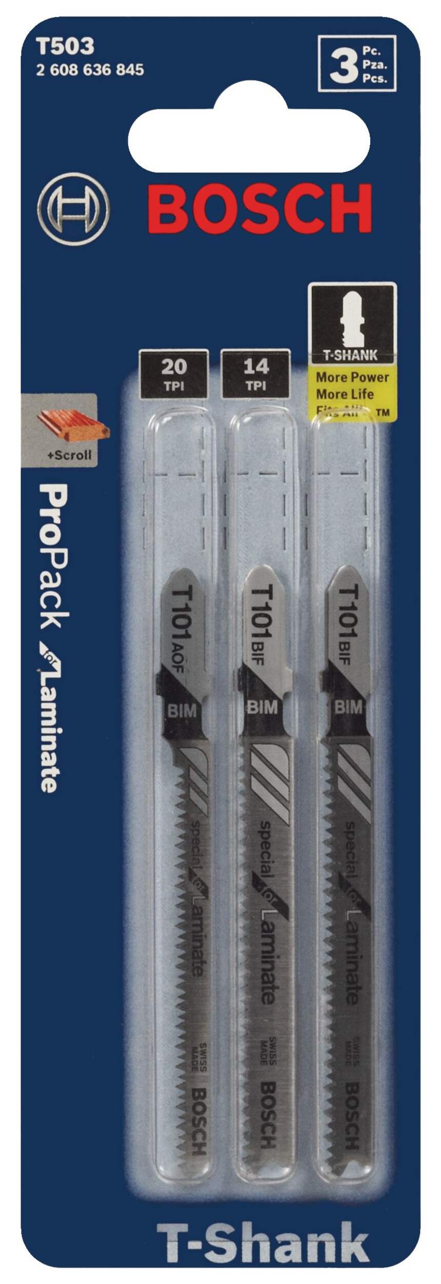 Lame de scie sauteuse bimétalliques Bosch T503, dents par pouce variées, pour bois, paq. 3 Front_Flat
