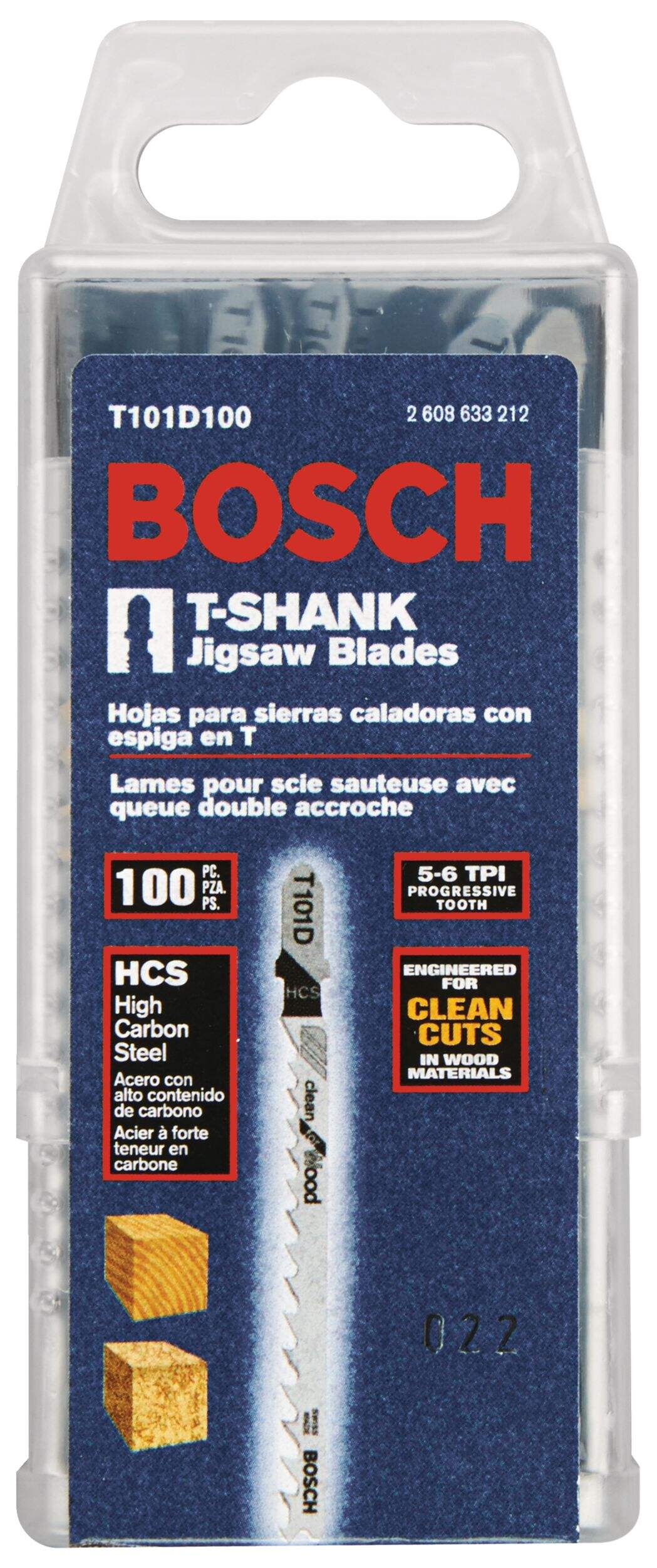 Bosch T101D 4in 6 TPI TShank HCS Jigsaw Blade Set for Wood, 5pc