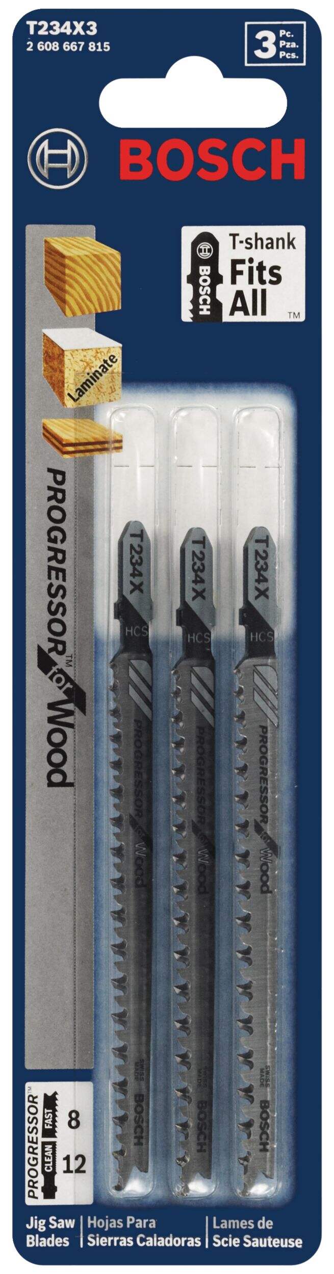 Bosch T234X3 4-5/8-in 8-12 TPI T-Shank HCS Jigsaw Blade Set for Laminate, 3-pc Front_Flat