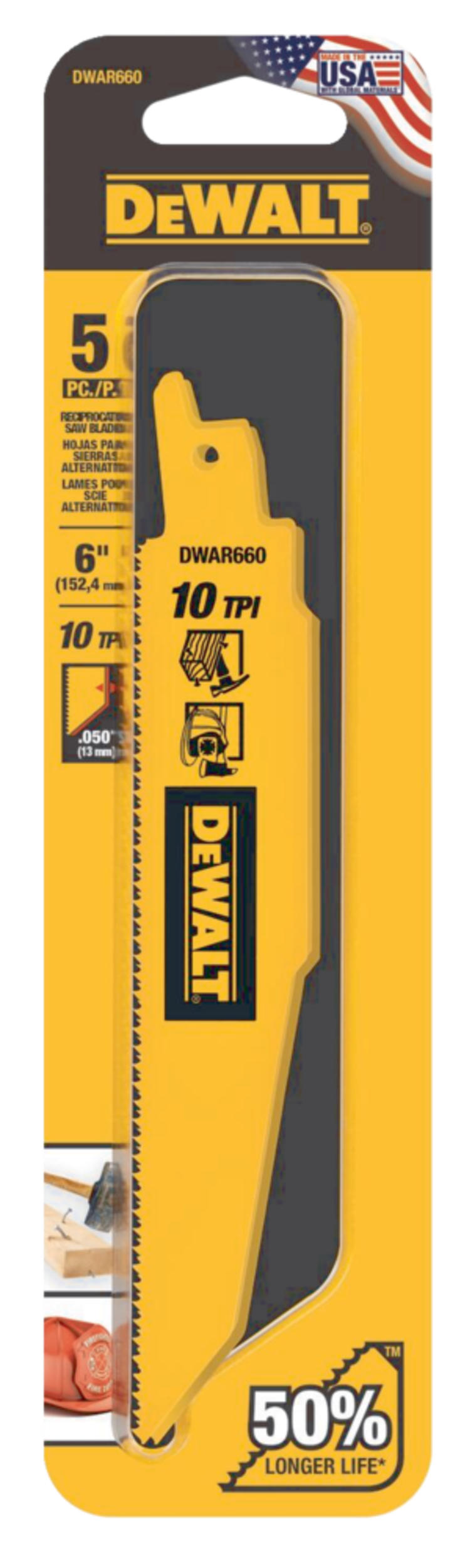 Lames de scie alternative bimétalliques DEWALT DWAR660, 10&nbsp;dents par pouce, pour bois, métal et cloison sèche, 6&nbsp;po, paq. 5 Front_Flat