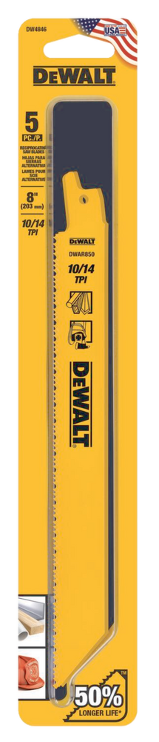 Lames de scie alternative bimétalliques DEWALT DW4846, 10/14 dents par pouce, pour bois et métal, 8 po, paq. 5 Front_Flat