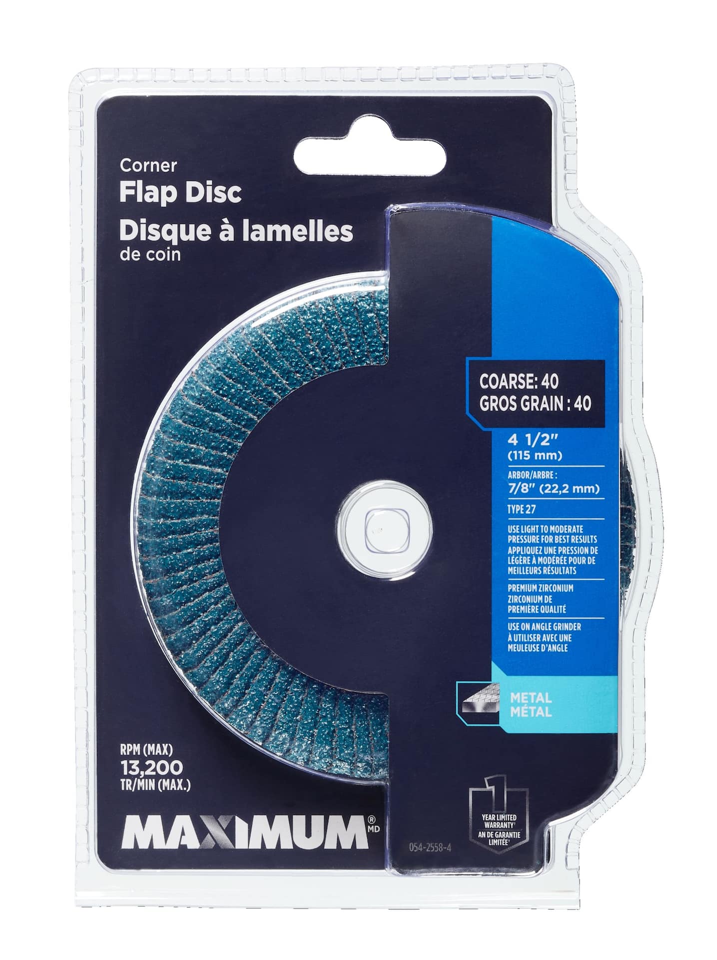 MAXIMUM 40 Grit Zirconia Corner Flap Disc/Wheel 7/8-in Arbor, for