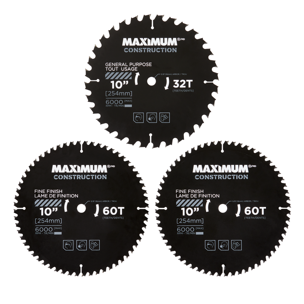 MAXIMUM 10in 32/60T Carbide Tipped Circular Saw Blade Set for Wood, 3