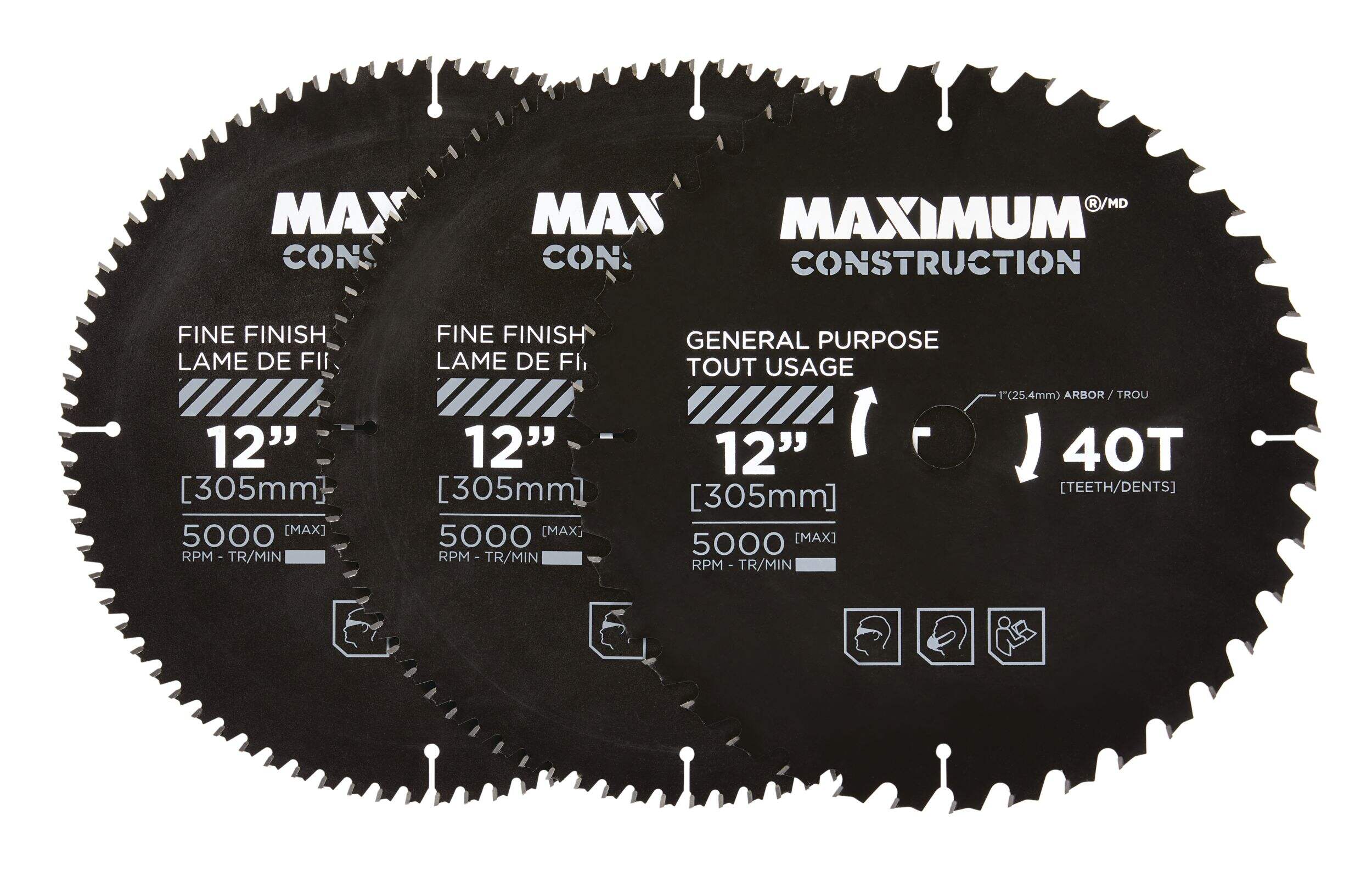 MAXIMUM 12-in 40/80T Carbide Tipped Circular Saw Blade Set for Wood, 3-pc Front_Flat