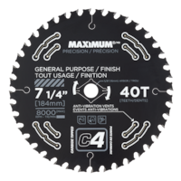 Lame de scie circulaire tout usage MAXIMUM, 40 dents en carbure, pour le bois, 7 1/4 po
